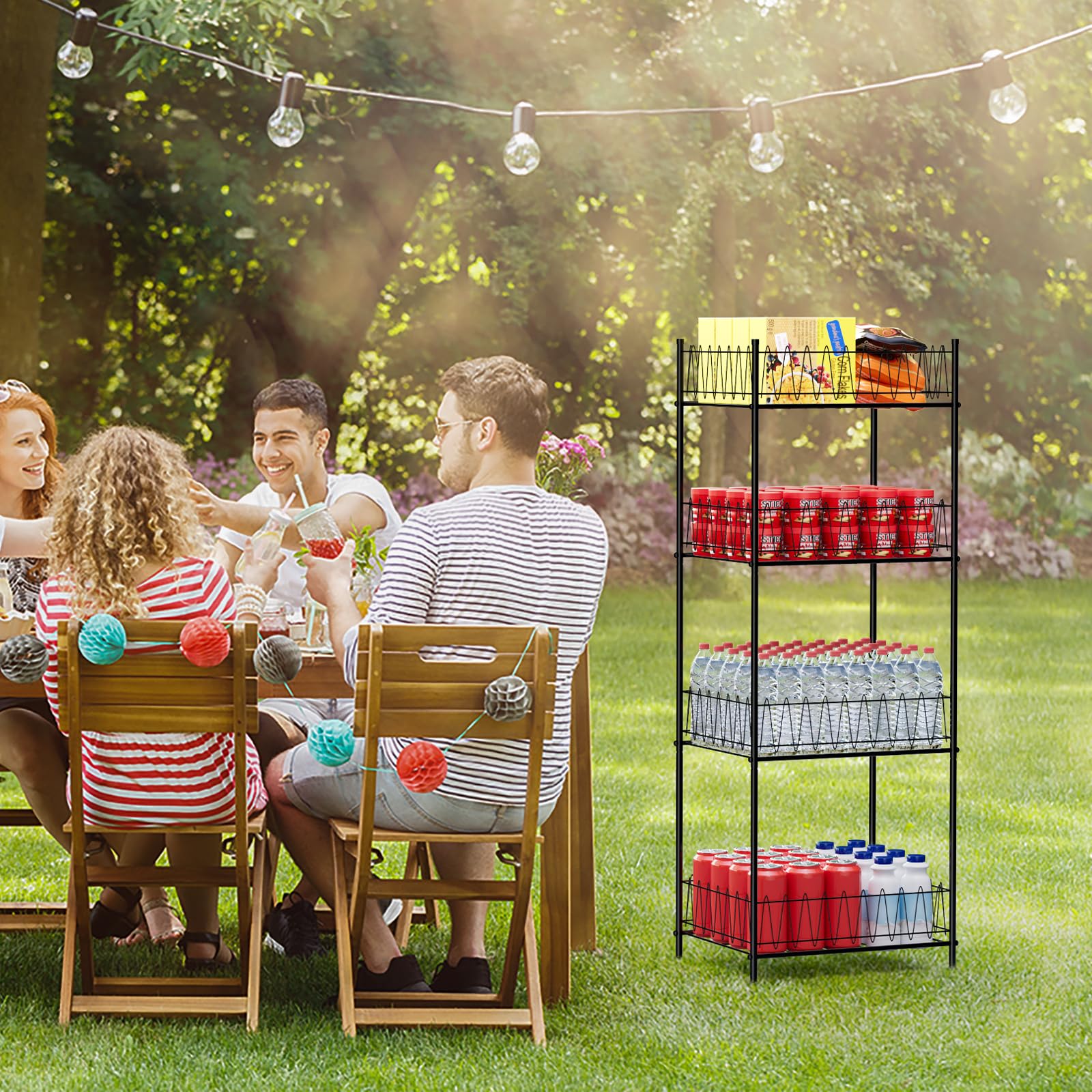 4-Tier Metal Water Bottle Organizer Rack - Free Standing Beverage & Soda Can Storage Shelf for Kitchen, Pantry, Office - Space-Saving Black Floor Stand (Perfect for Organizing Drinks in Home, Workplace or Commercial Spaces)