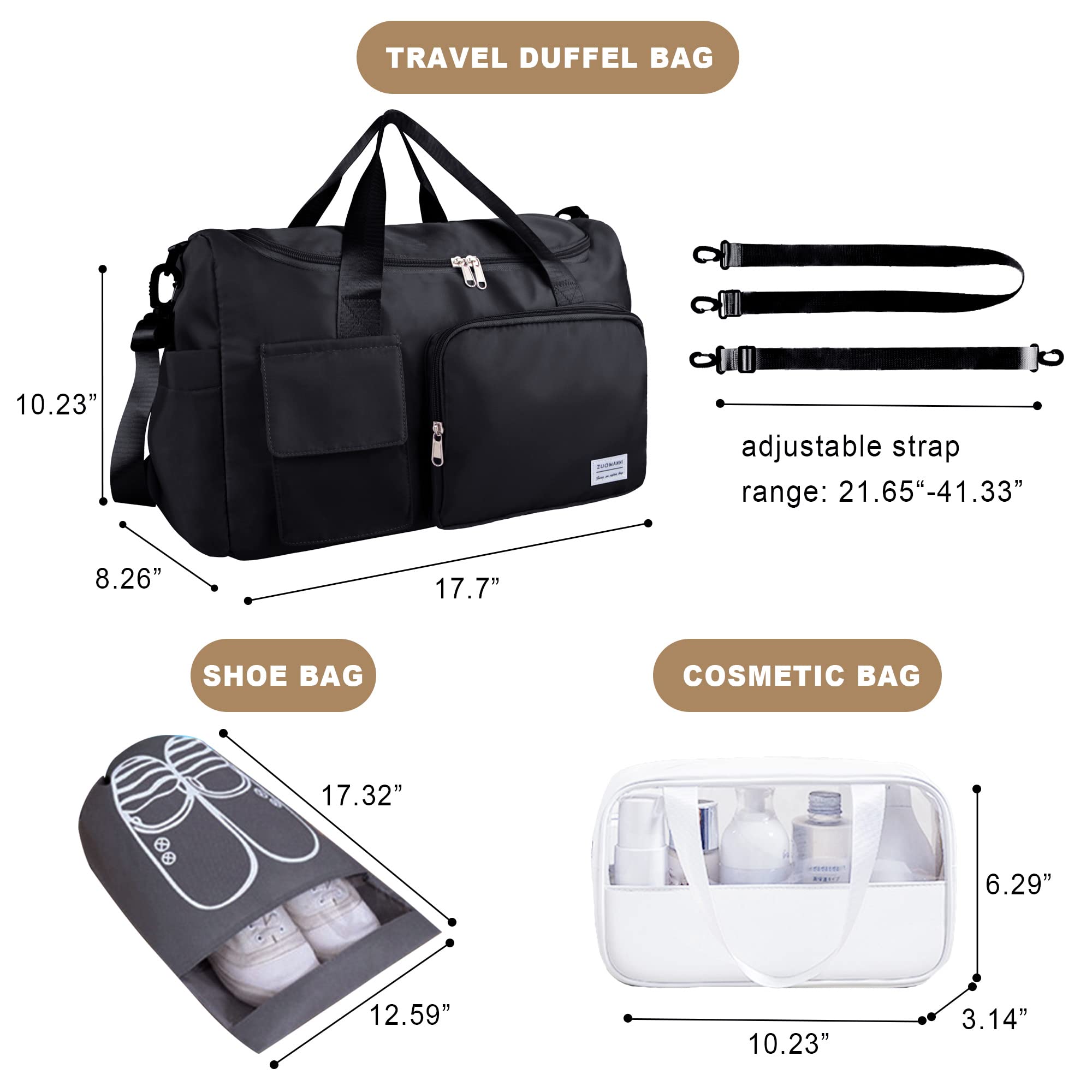 Waterproof Travel Duffel Bag for Women & Men - Large Weekender Overnight Bag with Shoe Compartment, Clear Cosmetic Bag & Shoe Bag (3-Piece Set, Black) - Perfect for Gym, Business Trips & Weekend Getaways