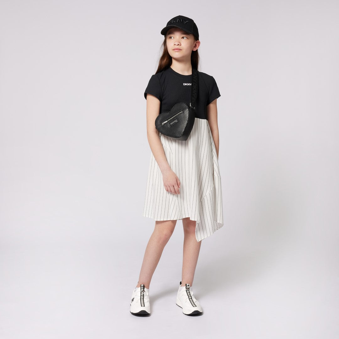 DKNY Girls' Striped White and Black Long Dress - Perfect for School, Parties, and Special Occasions