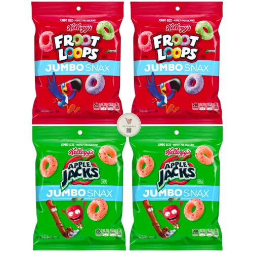Froot Loops & Apple Jacks Jumbo Snax - On The Go Breakfast Cereal Snacks - Variety Pack (2 Bags Each Flavor, 4 Total) - Perfect for School Lunches, Office Snacking & Travel