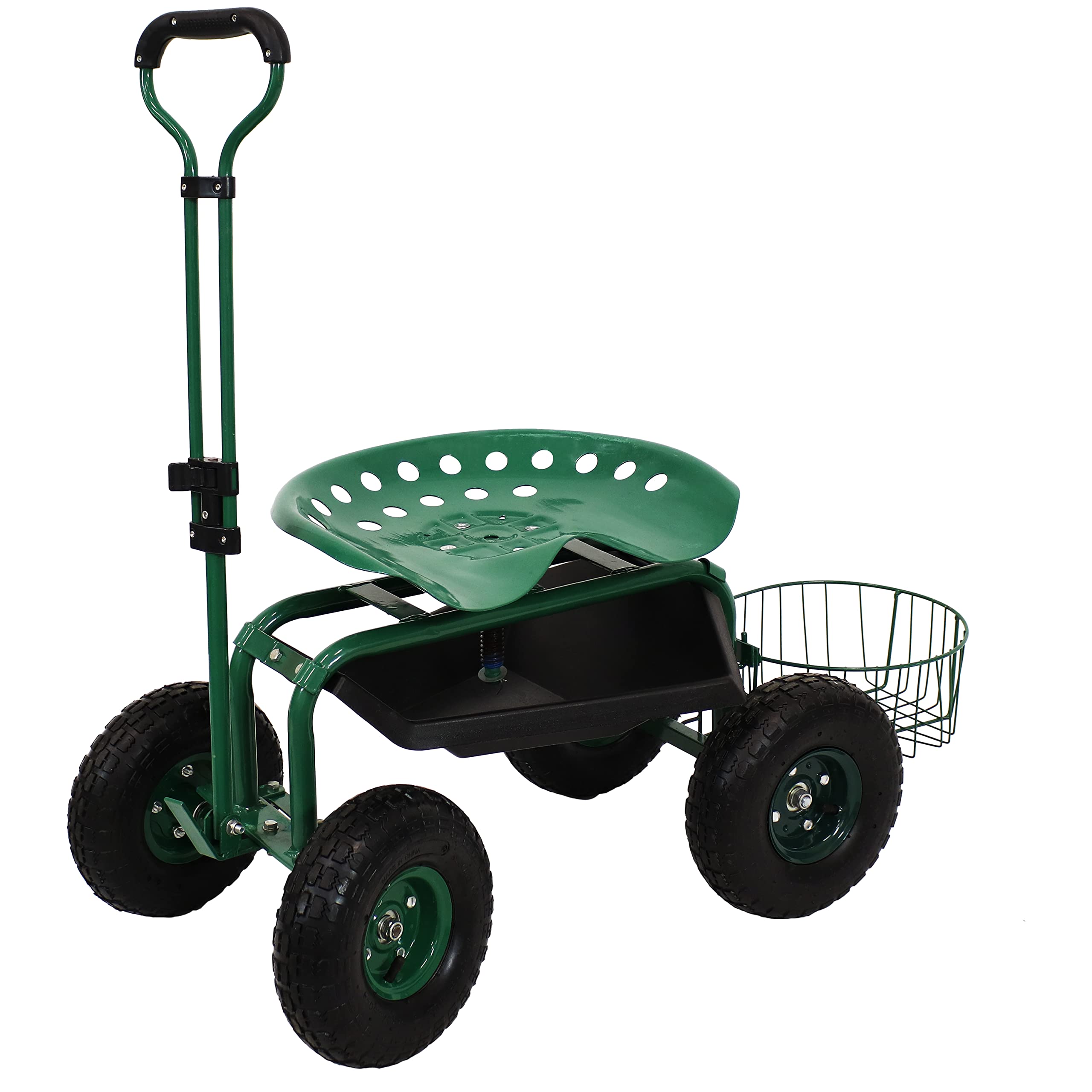 Sunnydaze Rolling Garden Stool with Wheels - Extendable Steer Handle, Swivel Seat & Utility Tool Tray - Green Outdoor Gardening Stool for Planting, Weeding & Yard Work