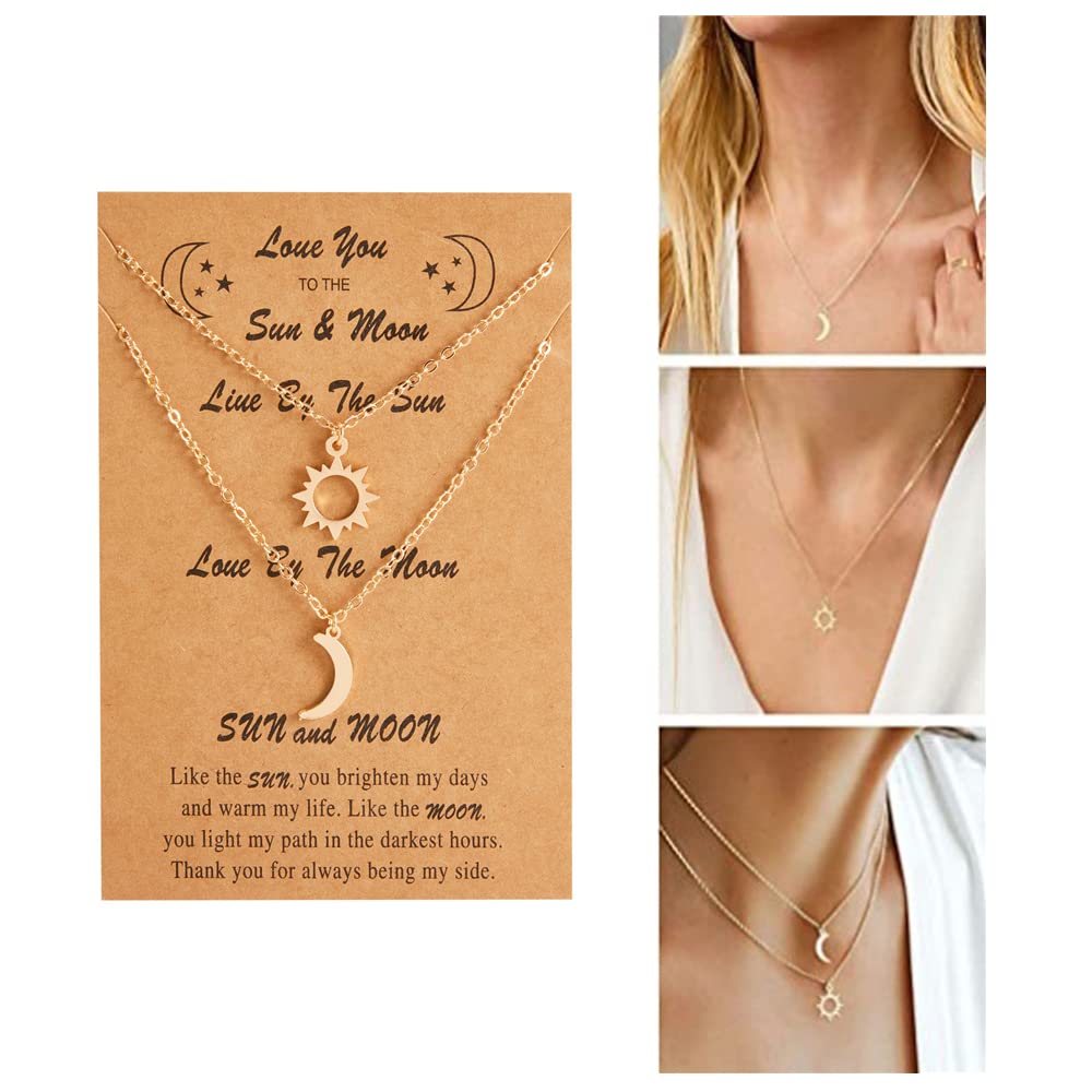 2 PCS Dainty Stacking Choker Necklace Set - Sun, Moon & Star Adjustable Thin Chain Pendant Necklace for Women & Men - Friendship, Couple & Sister Jewelry - Perfect for Christmas, Valentines & Gifts - 18