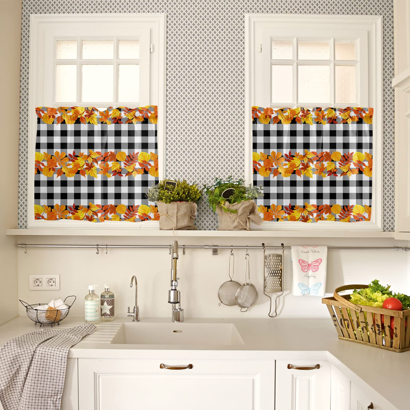 Thanksgiving Kitchen Curtains Set - Autumn Maple Leaf & Black Buffalo Plaid Rod Pocket Tier Curtains 24