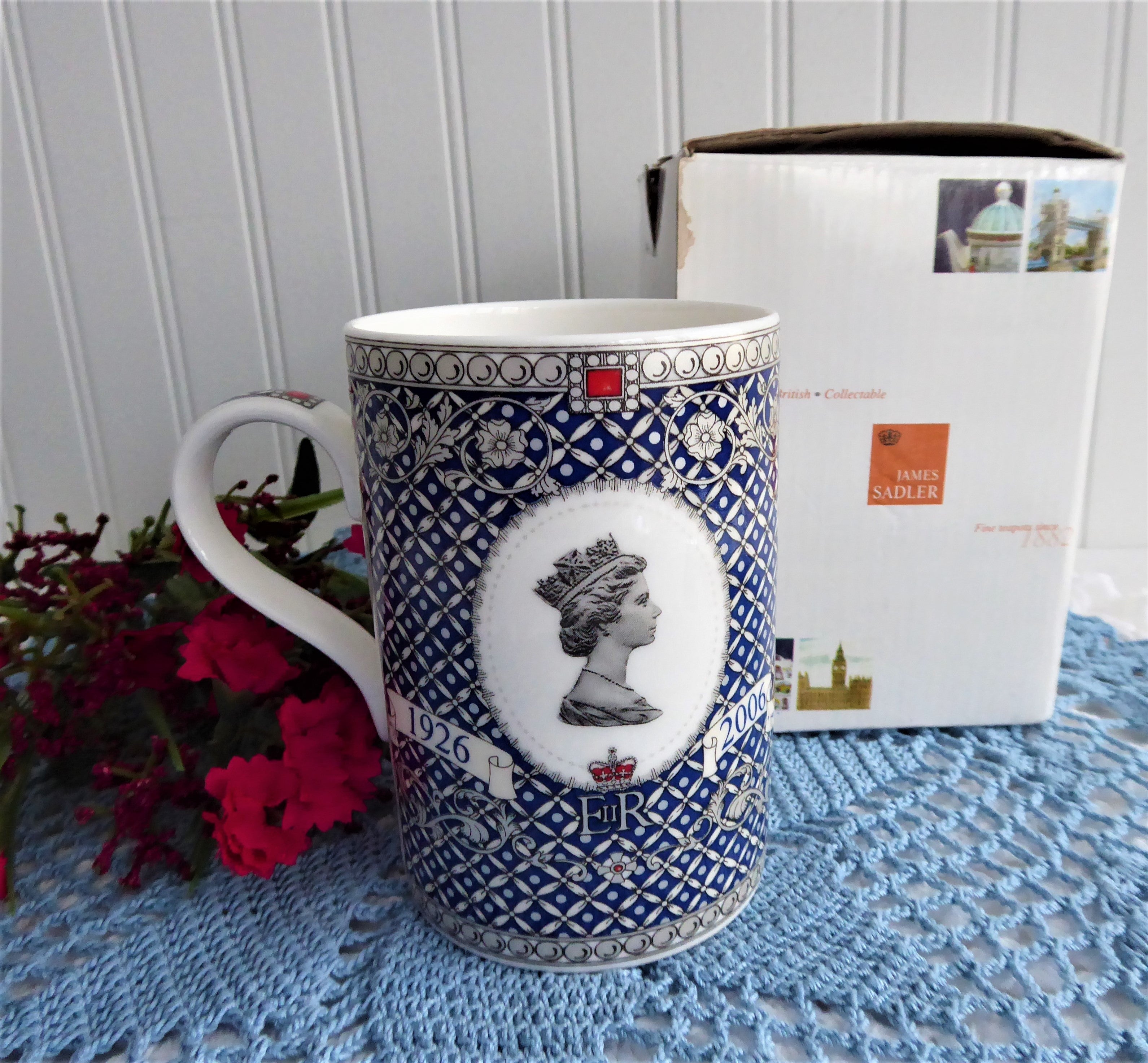 Sadler Mug Queen Elizabeth 80th Birthday 2006 Commemorative Collectible - Blue & White Platinum Trim Ceramic Tea Cup | Perfect for Royal Memorabilia Collections & British Tea Time Gifts