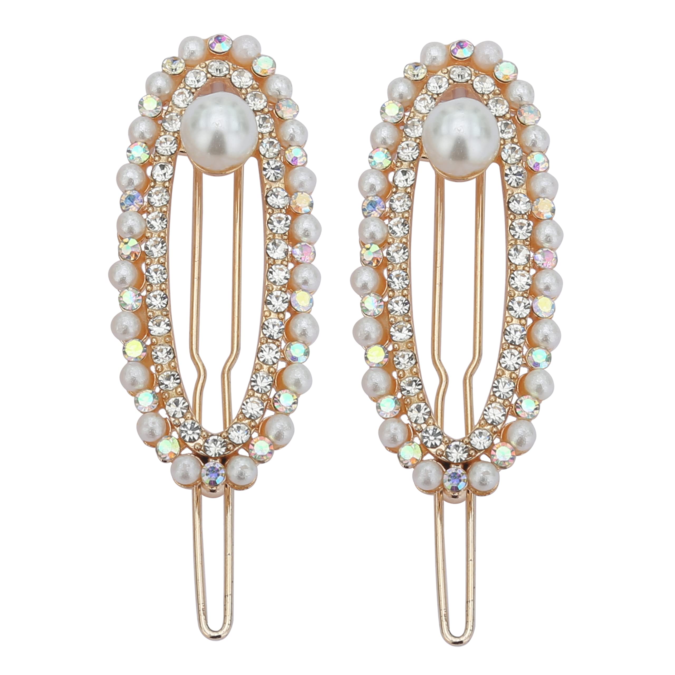HOC® Pearl & Rhinestone Hair Clips for Women - Elegant Oval Hairpins, Barrettes for Wedding, Anniversary, Party - 2 Pack Gold Hair Accessories | Perfect for Bridal, Prom, Special Occasions