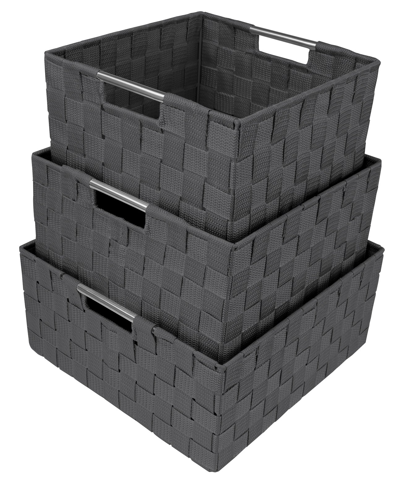 Sorbus Woven Storage Baskets with Handles - Set of 3 Stackable Organizer Bins for Home, Office & Nursery - Gray Fabric Cube Containers for Shelves, Closets & Toy Storage
