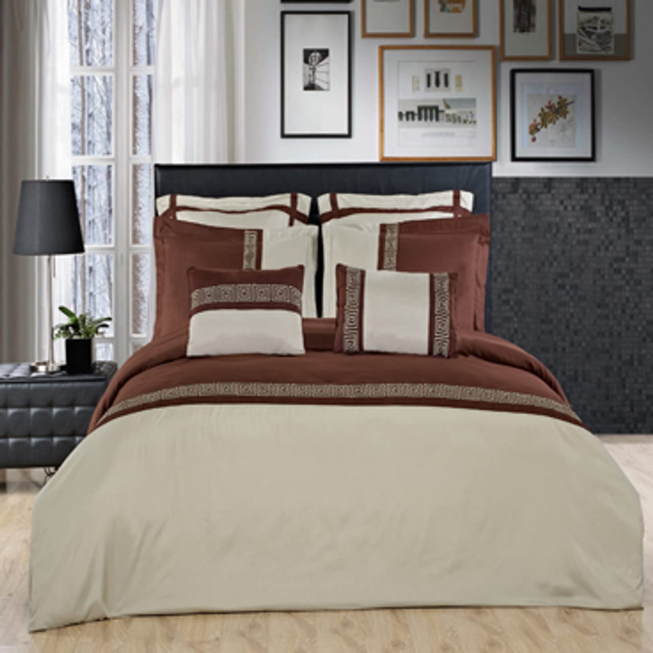 Royal Hotel Luxury 8-Piece Full/Queen Comforter Set - Astrid Sage & Chocolate - Down Alternative Duvet Insert, Pillow Shams, Bed Skirt | Soft & Breathable for All-Season Comfort - Perfect for Master Bedroom, Guest Room, Airbnb