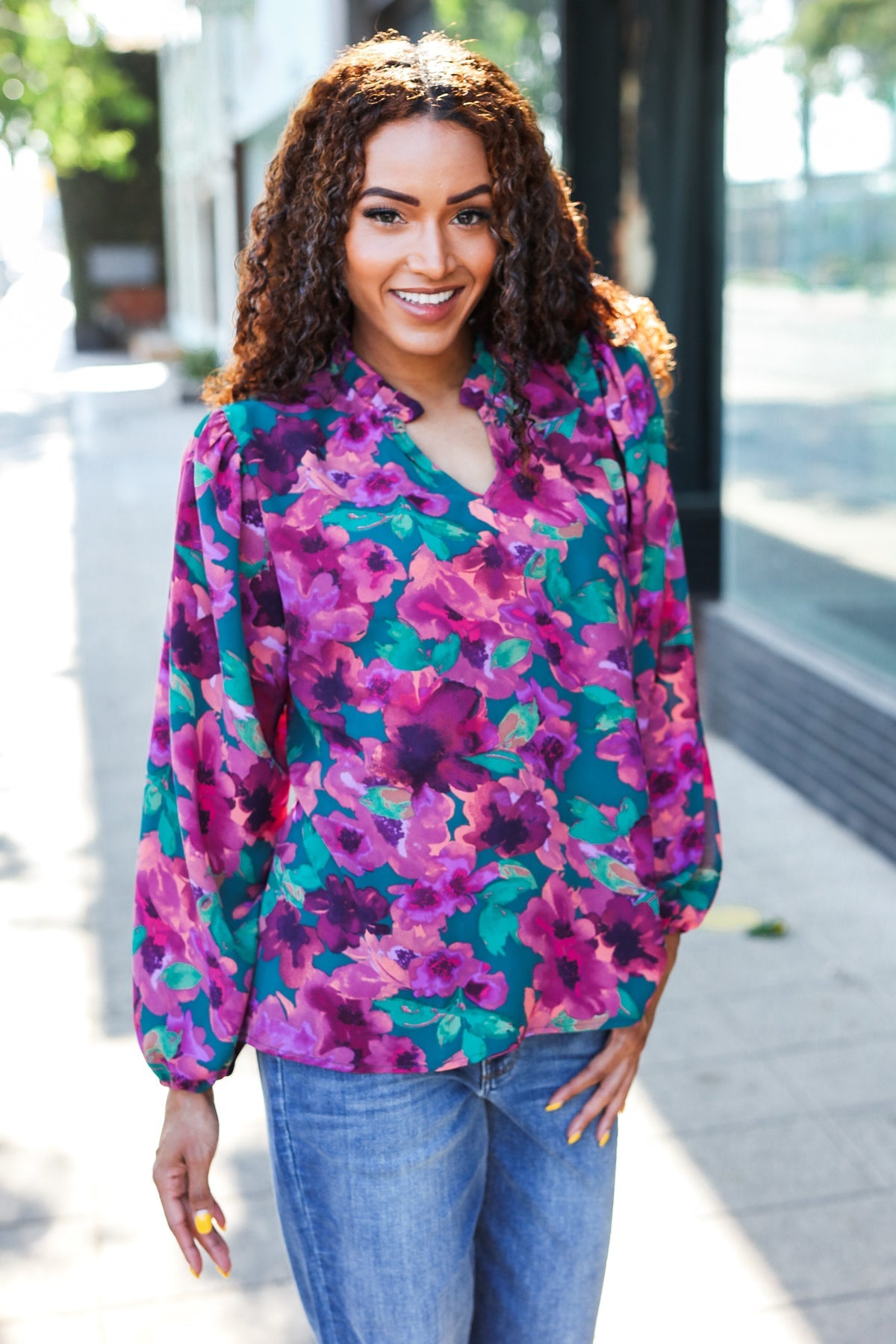 Stylish Hunter Green Watercolor Floral Print Notch Neck Blouse - Elegant Women's Tops for Casual Wear, Office Outfits & Spring Fashion
