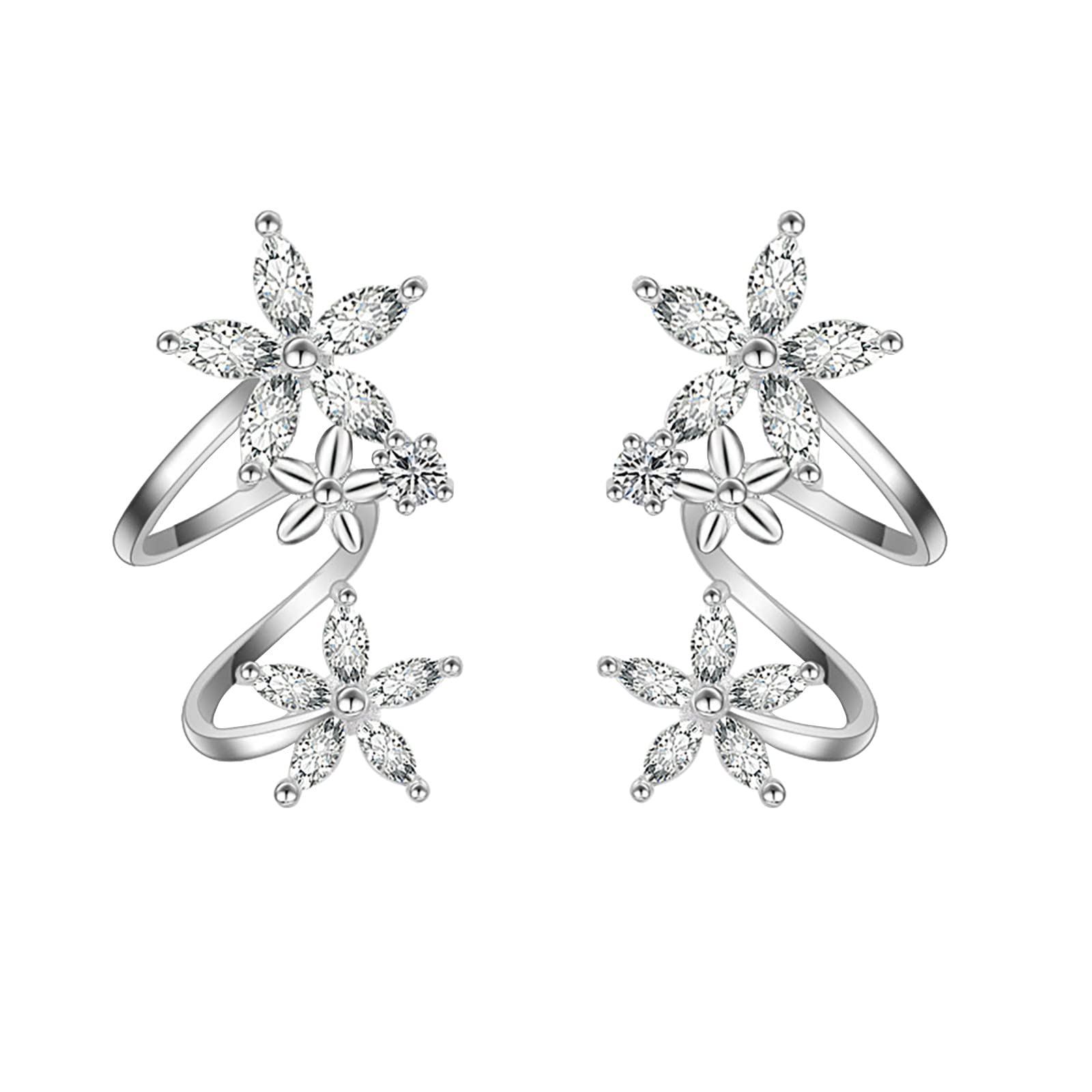 Sparkling Zirconia Stud Earrings for Women - Silver Flower Dangle Ear Clips with Crystal Charms | Elegant Teardrop Jewelry for Girls & Women | Perfect for Parties, Weddings & Everyday Wear (One Size)
