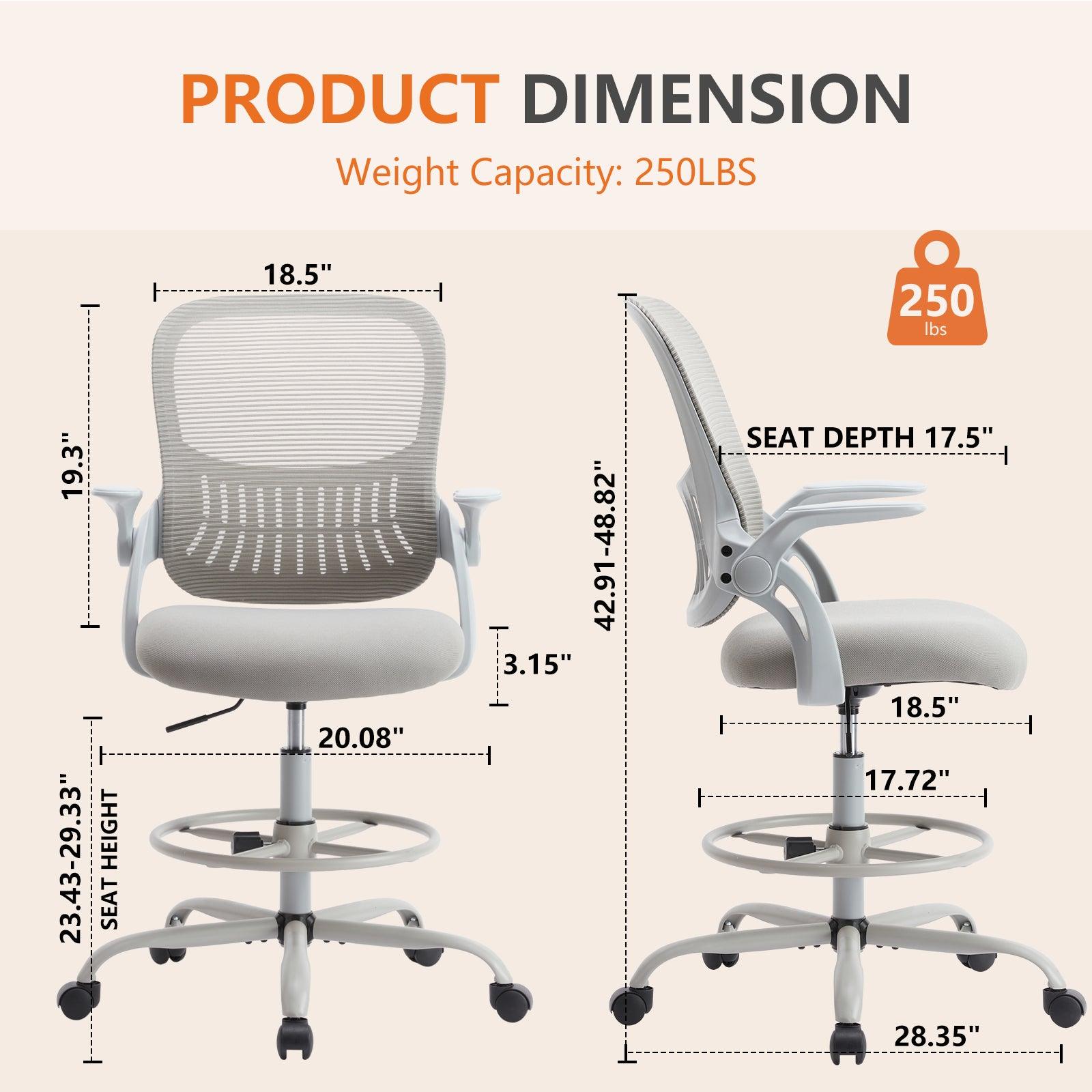 Ergonomic Drafting Tall Office Chair with Flip-Up Armrests - Adjustable Height High Desk Chair for Home Office, Studio & Drafting Table Use