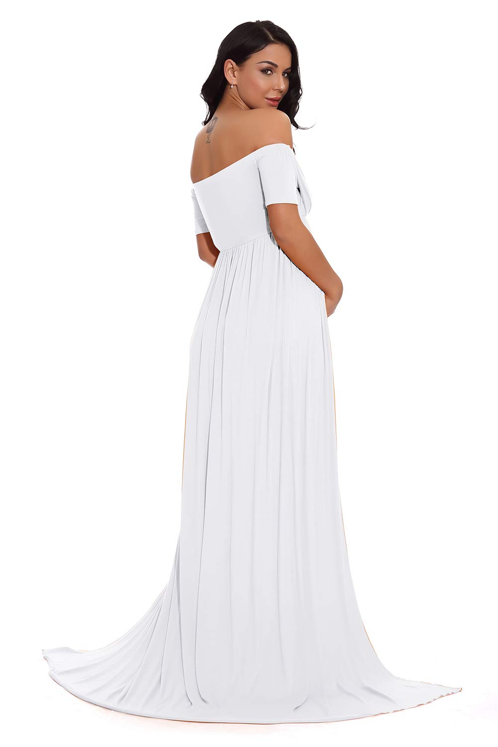 ZIUMUDY Maternity Photoshoot Dress - Off Shoulder Wrap Ruched Maxi Gown with Front Split for Pregnancy Photoshoots, Baby Showers & Special Occasions
