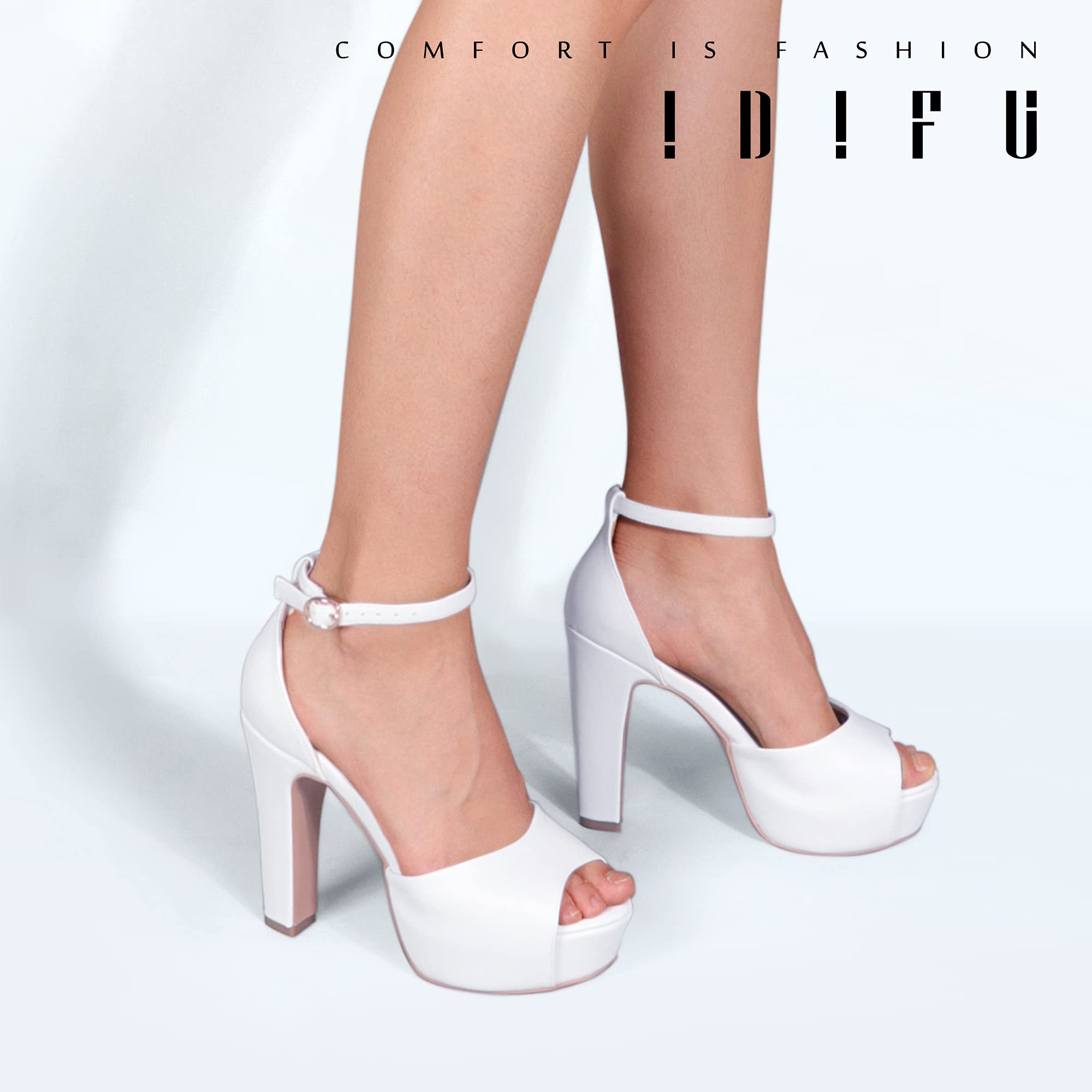 IDIFU Women's Chunky High Heel Sandals - Peep Toe Ankle Strap Dress Shoes for Wedding, Party & Evening Events - Comfortable Platform Heels for Bride & Prom