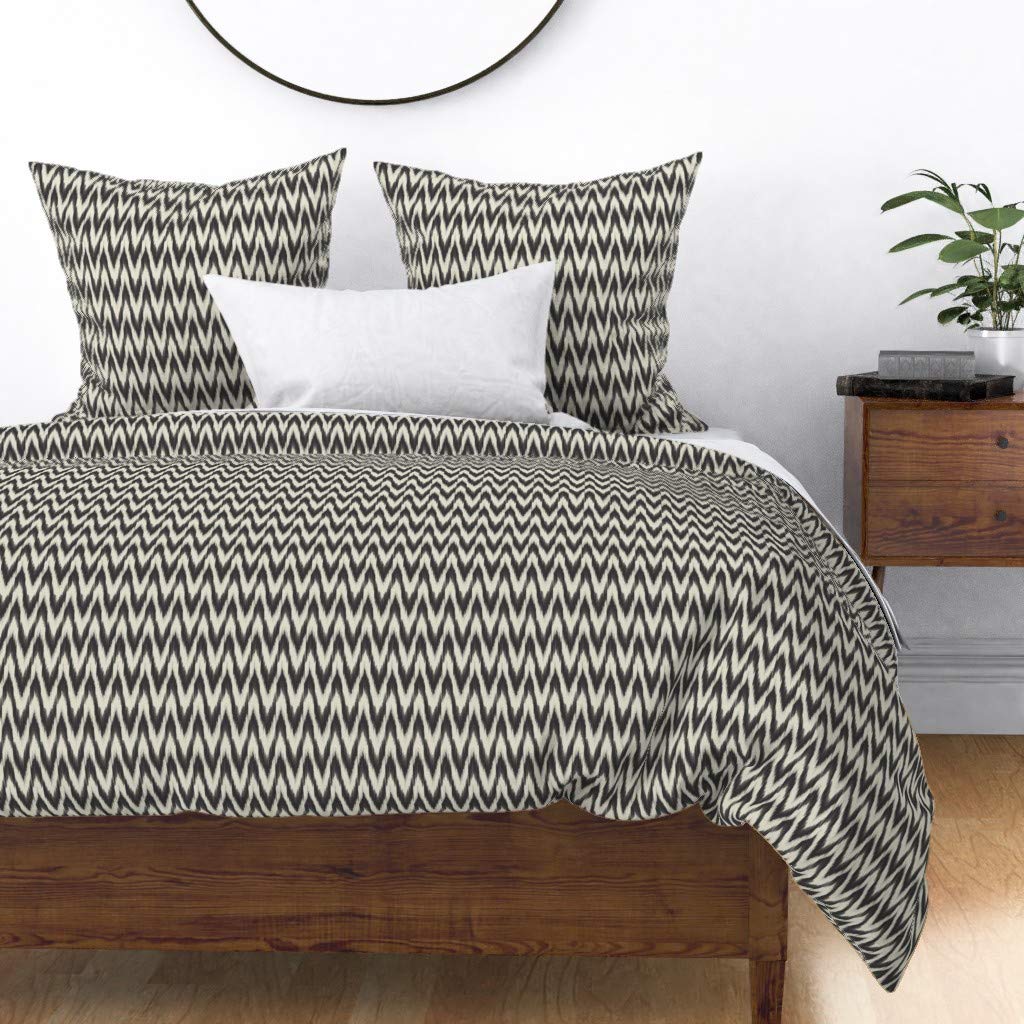 Premium Spoonflower Cotton Sateen Duvet Cover - Full/Queen Size Black Cream Ikat Wave Arrow Print Custom Bedding Set | Soft Luxury Bedding for Master Bedroom, Guest Room & Dorm Decor