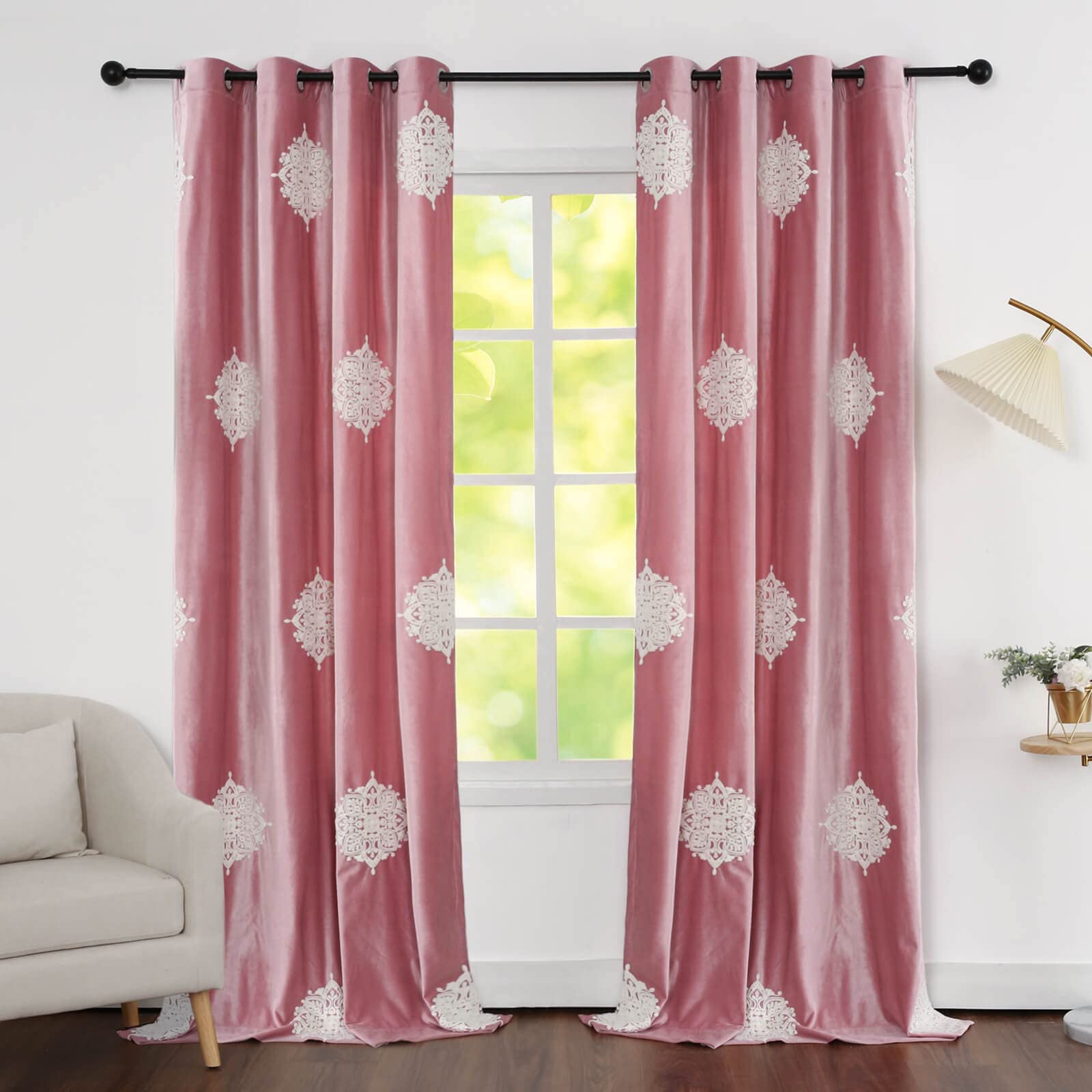 Blackout Curtains 96 Inch Long - Pink Room Divider Privacy Drapes with White Floral Pattern for Bedroom, Dormitory & Window Treatments | 2 Panels Set | Light Blocking, Noise Reducing & Thermal Insulating for Better Sleep & Privacy