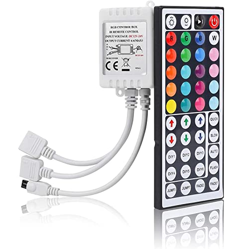 EAGWELL 2-Port 44-Key Wireless IR Remote Controller for SMD 5050/3528 RGB LED Strip Lights - Dual 4-Pin Output Dimmer for 2 RGB LED Strips (12-24V DC) - Perfect for Storefront Lighting, Home Decor & DIY Projects