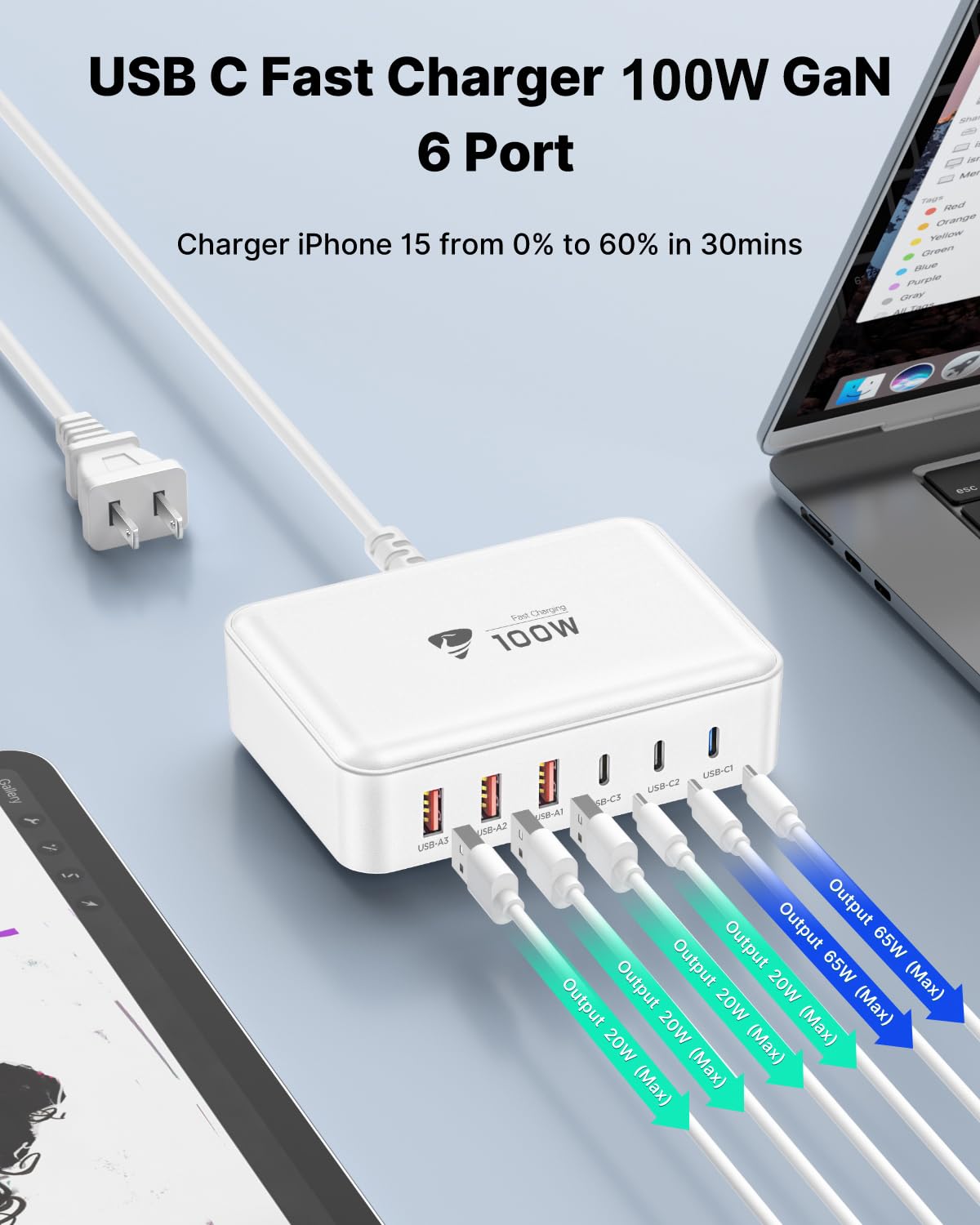 100W GaN USB C Fast Charger with 6 Ports - PD & QC 3.0 Wall Charger Station for iPhone 16/15/14/13/12 Pro Max, MacBook, Samsung Galaxy - Compact Power Hub for Home, Office & Travel Charging Multiple Devices Simultaneously