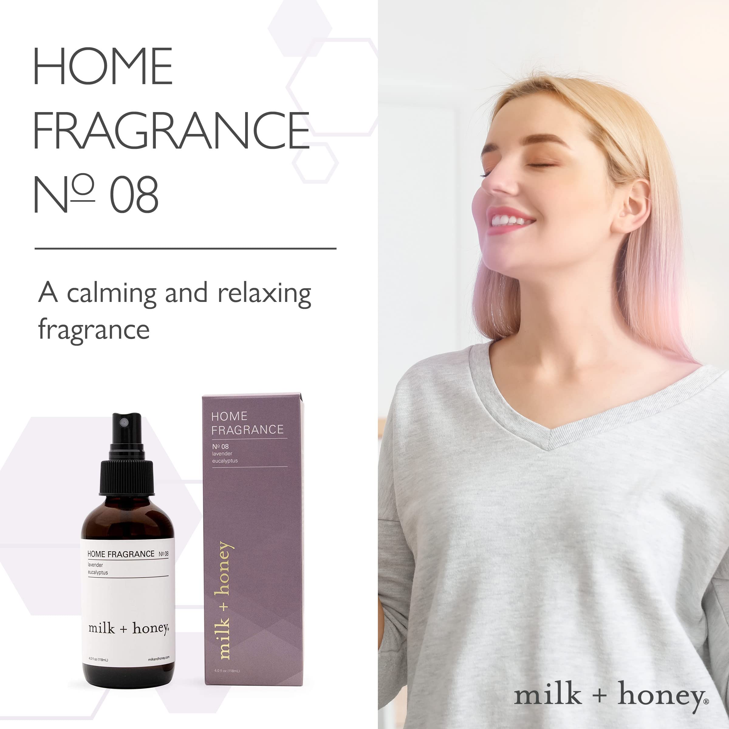 milk + honey Home Fragrance No. 08 - Lavender & Eucalyptus Essential Oil Aromatherapy Spray | Calming & Relaxing Room Air Freshener | 4 Oz | Perfect for Bedroom, Bathroom & Office Stress Relief