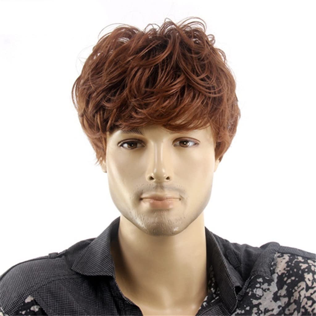 TWDYC Men's Short Curly Brown Fiber Wig - European & American Style with Side Bangs | Fashionable Synthetic Hairpiece for Cosplay, Halloween & Daily Wear