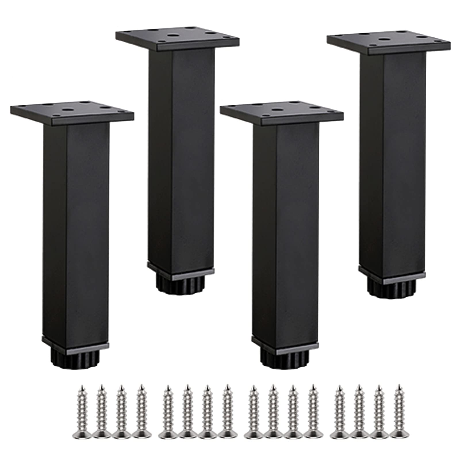 DSJGVN 4-Pack Black Aluminum Square Furniture Feet - Adjustable Cabinet Legs, Sofa Feet, Wardrobe Foot for Coffee Table, Cabinet & More - Includes Screws | Durable Metal Furniture Legs for Home & Office Use