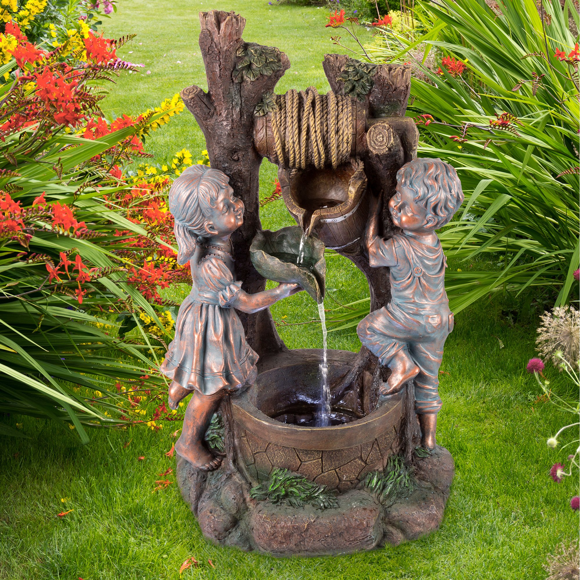 Pure Garden Antique Bronze Outdoor Water Fountain with LED Lights for Patio & Garden Relaxation