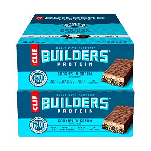 CLIF BUILDERS Protein Bars - Cookies & Cream Flavor, 20g Protein, Gluten Free (2.4 oz, 24 Count) | High Protein Snack for Hiking, Gym & On-the-Go Energy