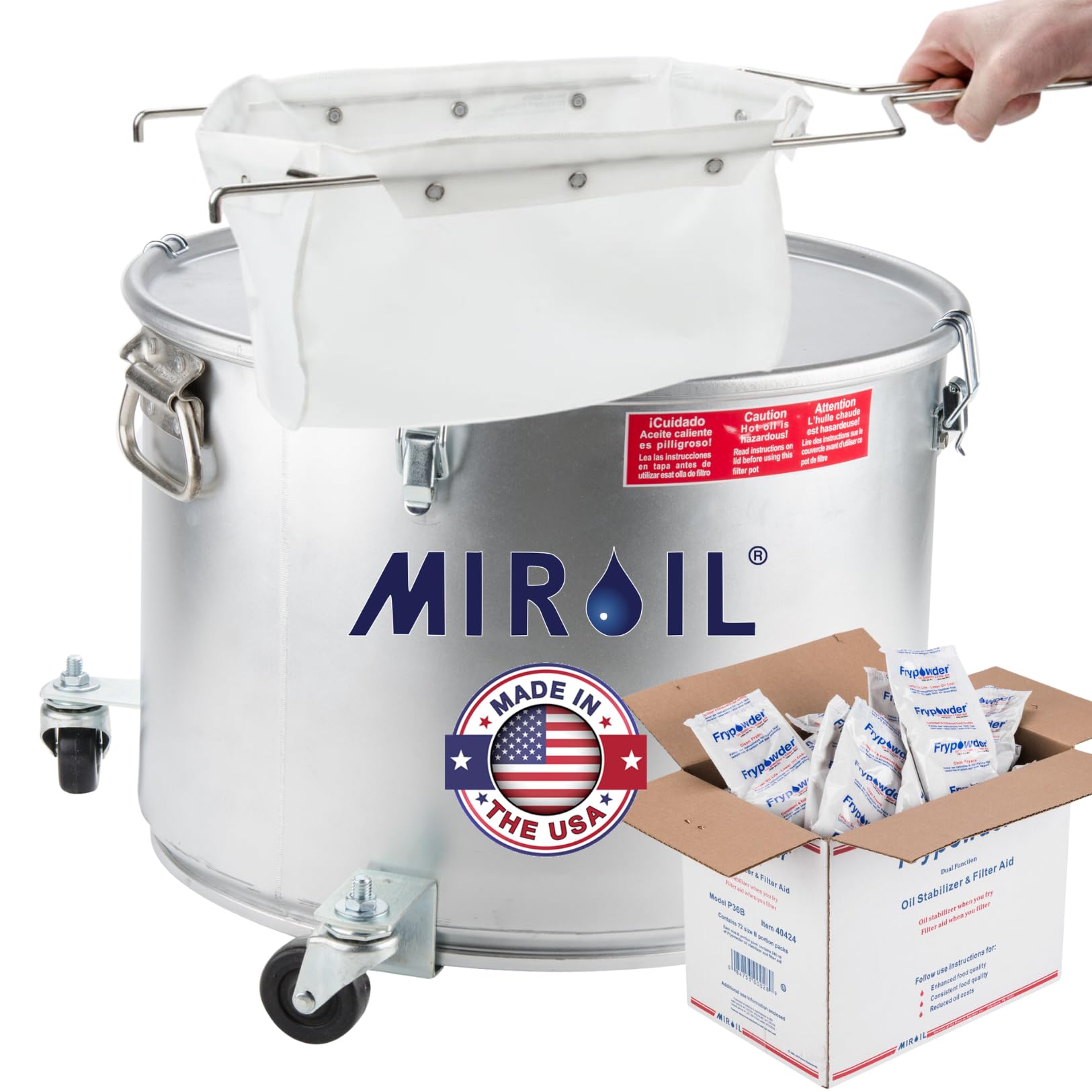 MirOil 7 Gallon Grease Bucket Oil Filter Kit with Castor Wheels - Reusable Oil Filter Bag & Frame + 46 FryPowder Sachets for Deep Fryer Oil Filtration | Reduce Cooking Oil Costs & Enhance Food Flavor | Perfect for Restaurants, Food Trucks & Commercial Kitchens