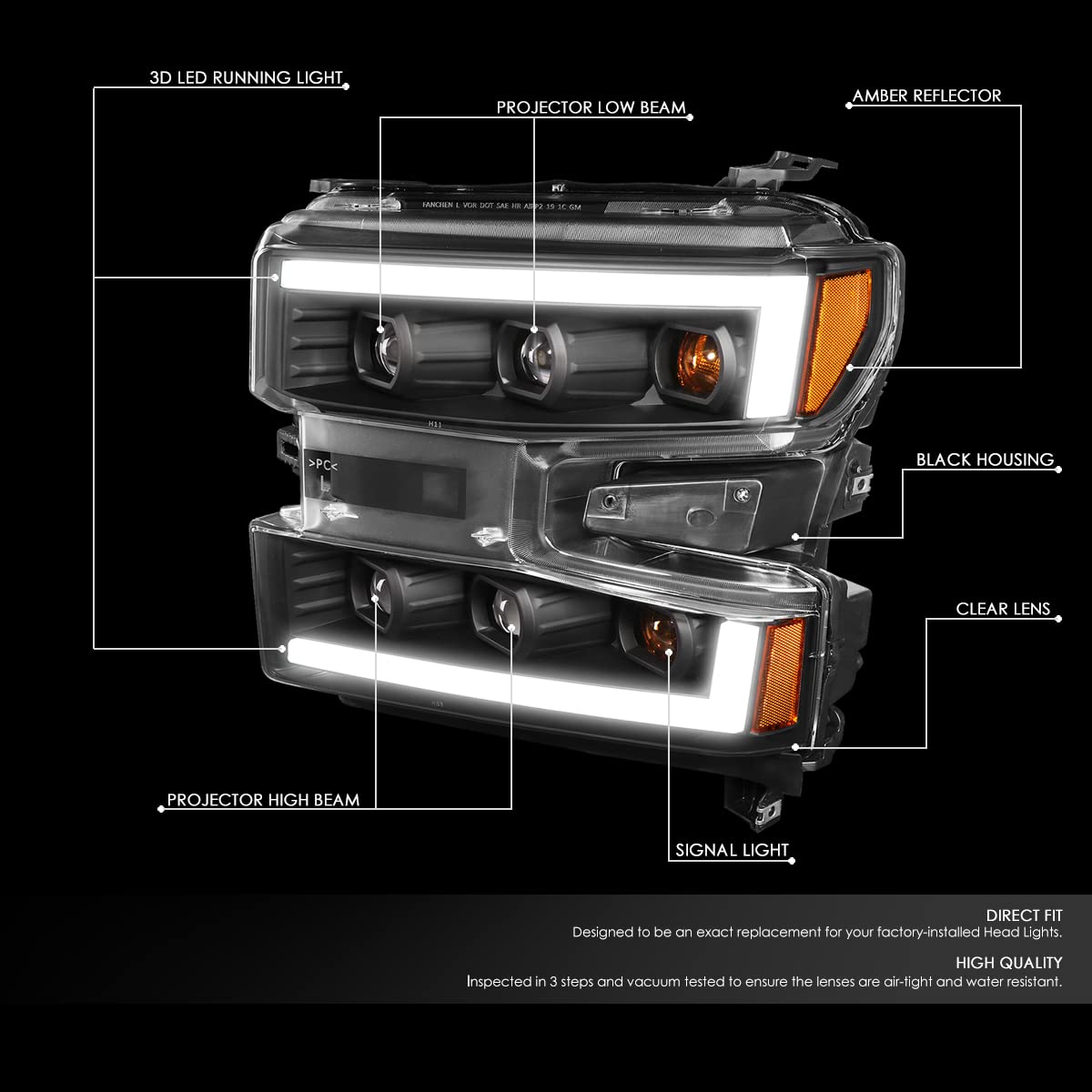 DNA MOTORING LED Light Bar Headlights for 19-22 Silverado 1500 - Black/Amber for Off-Road & Night Driving