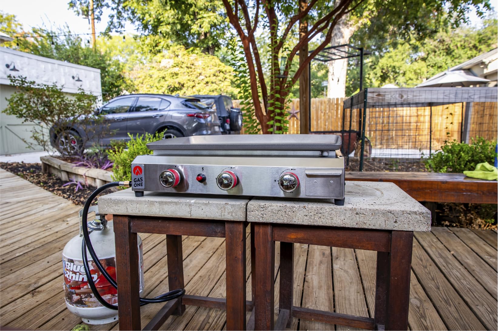 Gas One 3-Burner Flat Top Grill with Auto Ignition - Portable Propane Gas Grill for Outdoor Cooking - Stainless Steel Tabletop Grill with Pre-Seasoned Griddle & Drip Tray - Perfect for Camping, RV Trips, Backyard BBQs, and Tailgating Parties