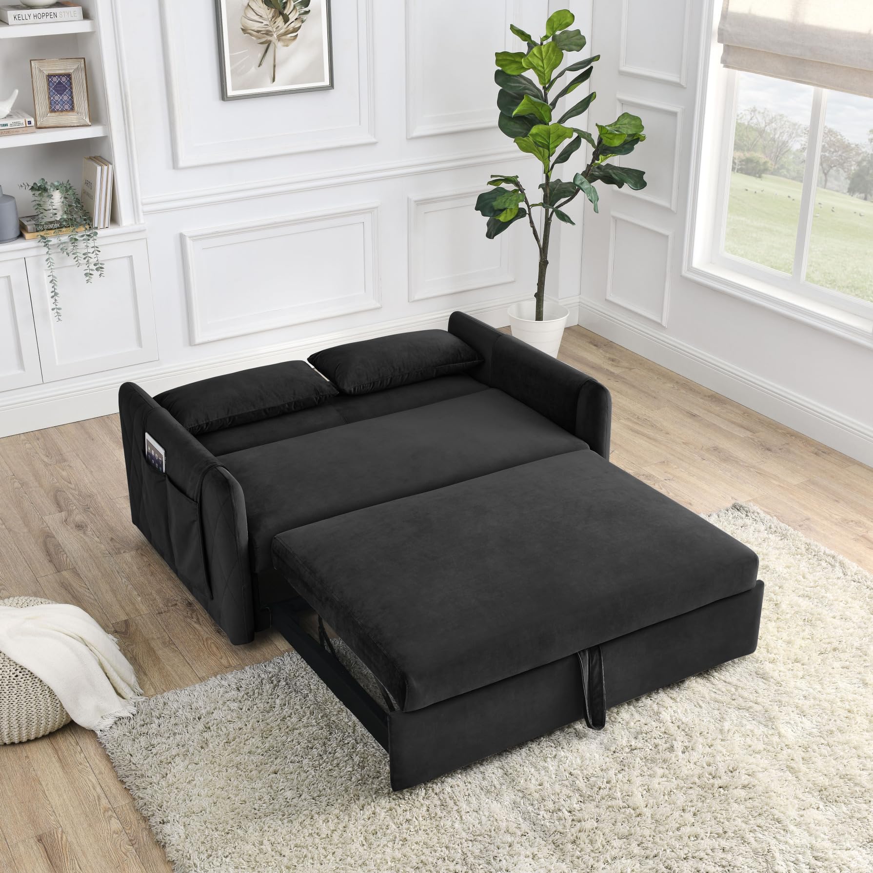 3 in 1 Convertible Sleeper Sofa Bed - Modern Velvet Futon Couch with Pullout Bed, Adjustable Backrest & Storage Pockets - Space Saving Loveseat with Pillows for Small Apartments, Living Rooms & Guest Rooms (Perfect for Studio, Dorm & Home Office)