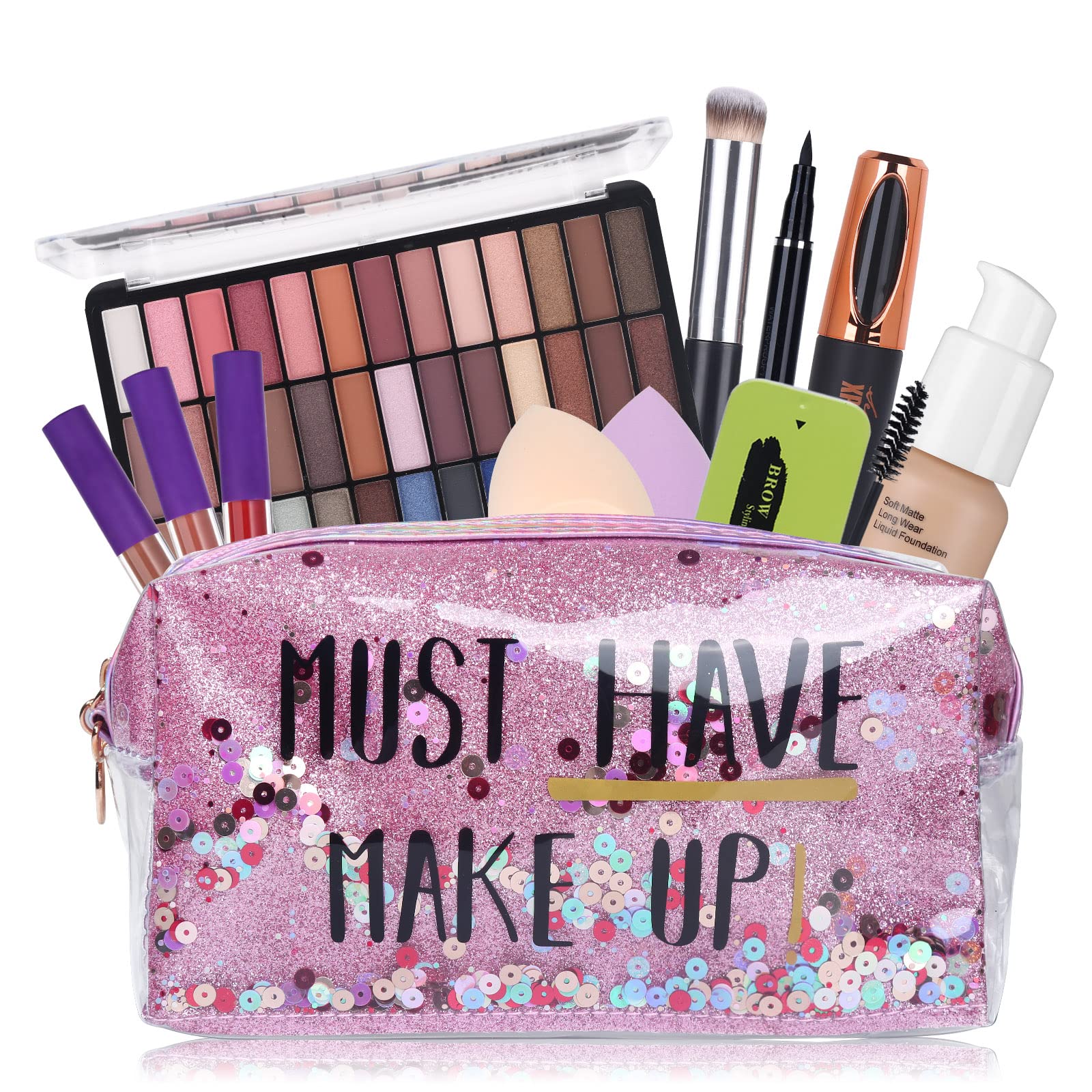 39 Colors Nude & Smokey Eyeshadow Palette Makeup Set - Complete Kit with Liquid Foundation, Concealer Brush, Mascara, Eyeliner, Matte Lipstick, Eyebrow Gel & Sponges | Perfect for Daily Makeup, Party Looks & Gift Giving
