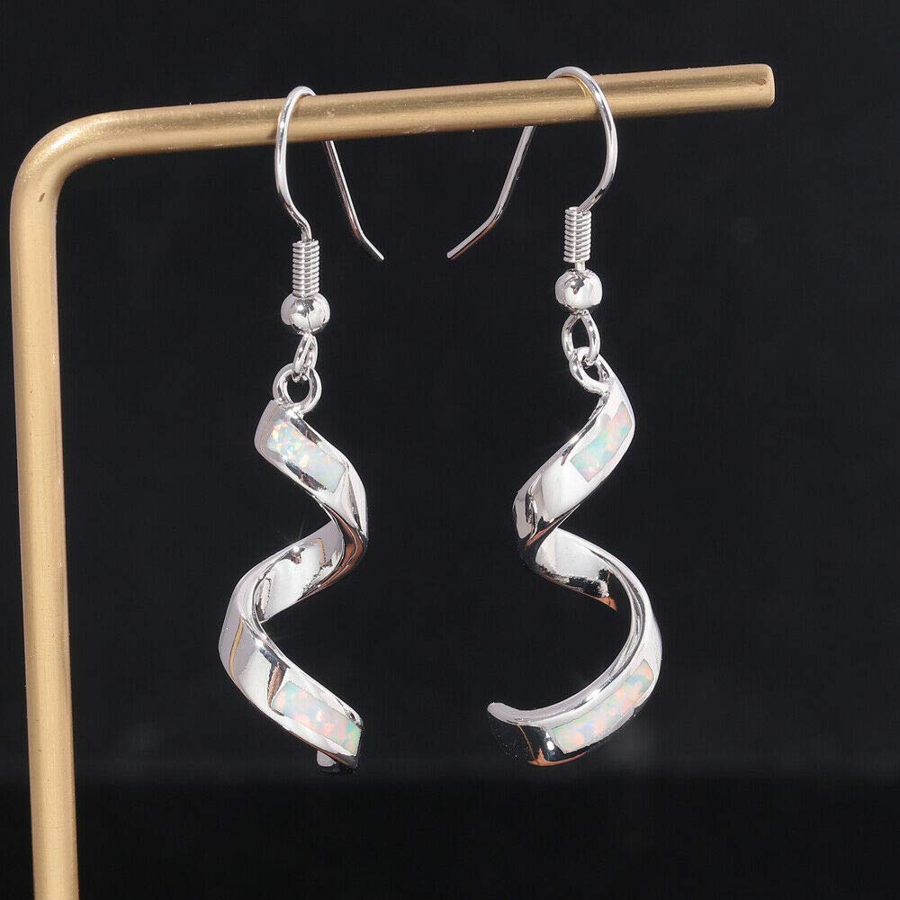 CiNily Sterling Silver Plated Opal Dangle Drop Earrings for Women - Elegant Birthstone Spiral Ribbon Hook Earrings | Perfect for Parties, Weddings & Everyday Wear
