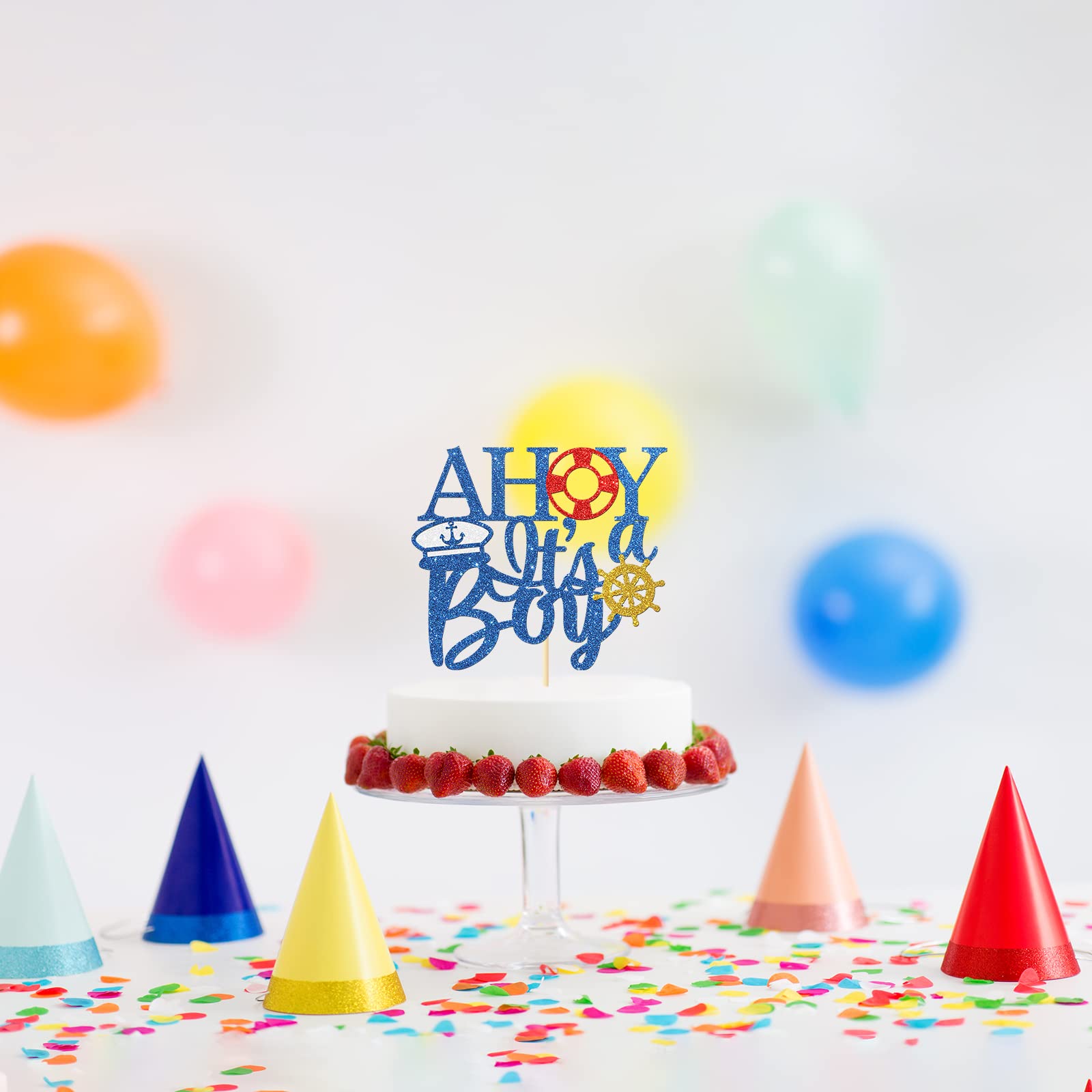 Nautical Ahoy It's a Boy Cake Topper - Blue Glitter Baby Gender Reveal & 1st Birthday Party Decorations | Perfect for Baby Showers, Welcome Home Celebrations, and Nursery Decor