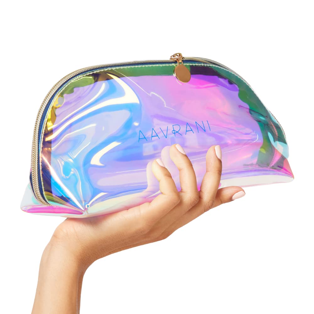 AAVRANI Holographic Clear Travel Makeup Bag - Water Resistant Cosmetic Organizer with Central-Zip Compartment for Toiletries, Skincare & Beauty Tools | Perfect for Air Travel, Gym, Beach & Daily Use