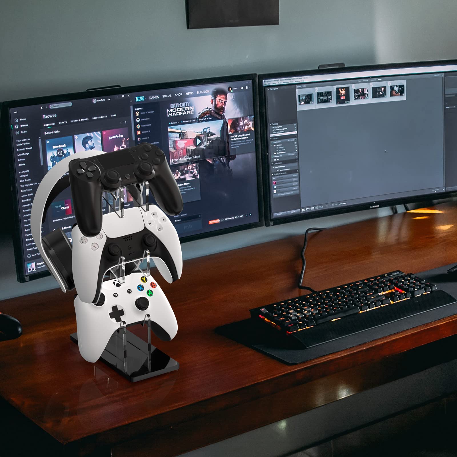 Universal 3-Tier Controller Stand & Headset Holder for PS5, PS4, Switch Pro, Xbox - Crystal Texture Gaming Accessories Organizer (White) - Perfect for Gaming Setup & Desk Organization