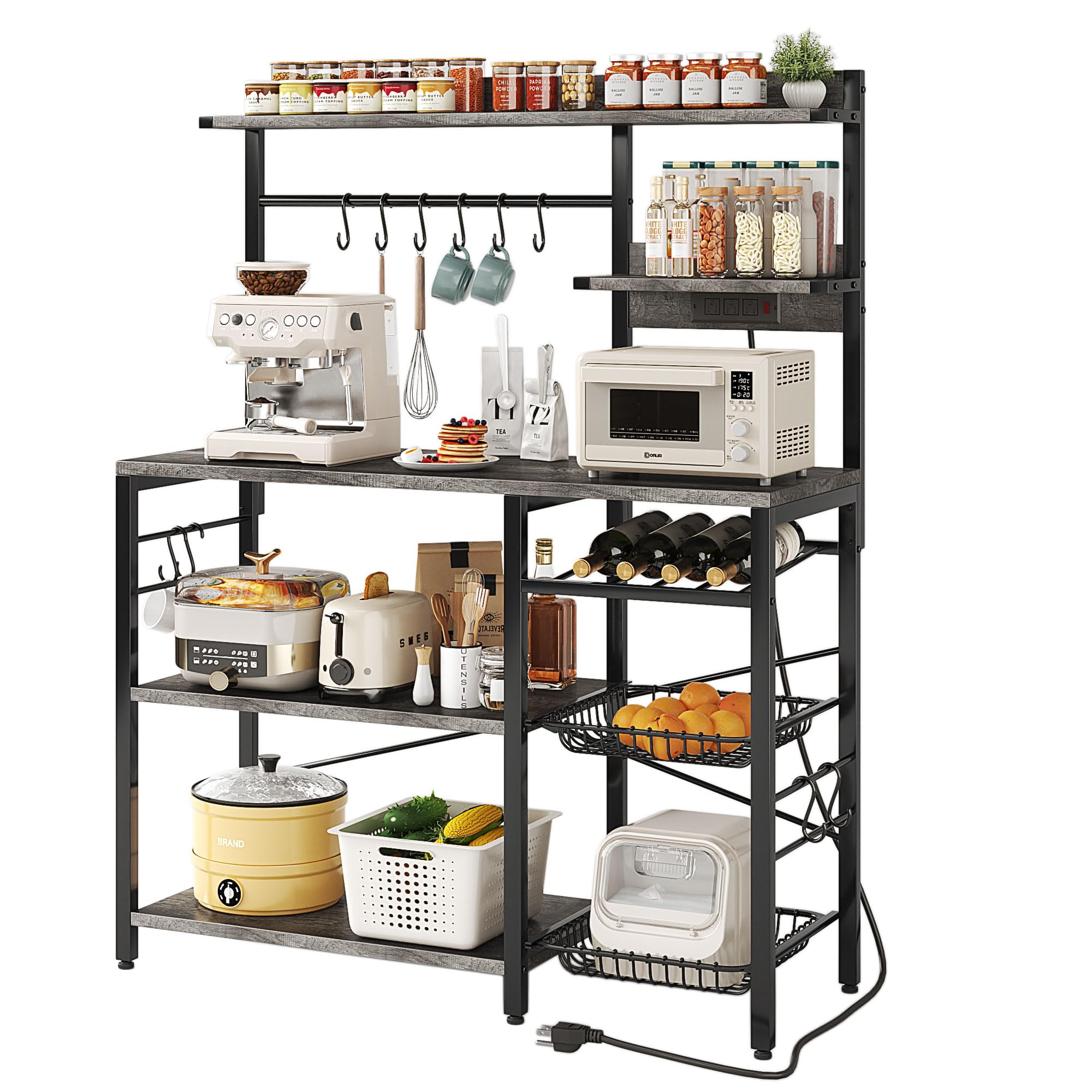 Mexin 6-Tier Large Bakers Rack with Power Outlets - Microwave Stand with Storage, Coffee Bar Station with 10 S-Shaped Hooks & Wire Basket - Grey Oak - Perfect for Kitchen Organization, Pantry Storage & Coffee Station Setup