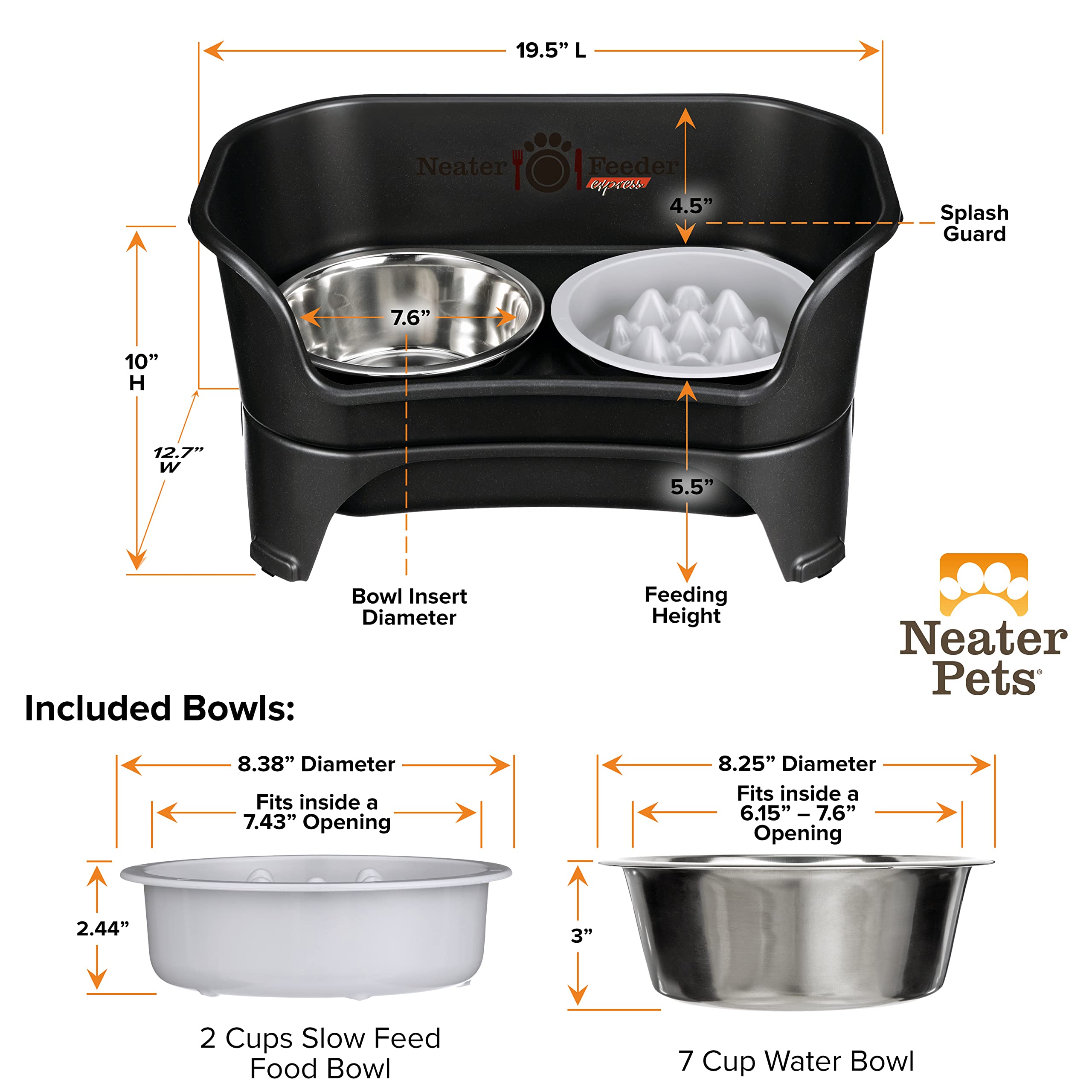Neater Feeder Express No Spill Elevated Dog Bowls for Medium & Large Breeds - Slow Feeder & Water Bowl Set, Black - Made in USA | Anti-Mess Pet Dining Solution for Home, Kitchen or Outdoor Use