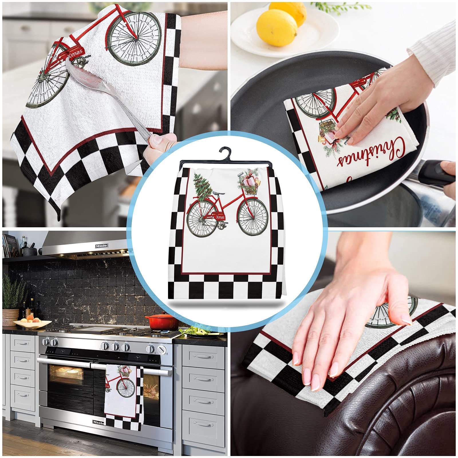 Super Absorbent Microfiber Kitchen Dish Towels 2 Pack - Soft Christmas Themed (Red Bicycle, Tree Patterns) for Cleaning, Drying Dishes | Perfect Holiday Gift for Kitchen, Bathroom & Tea Time