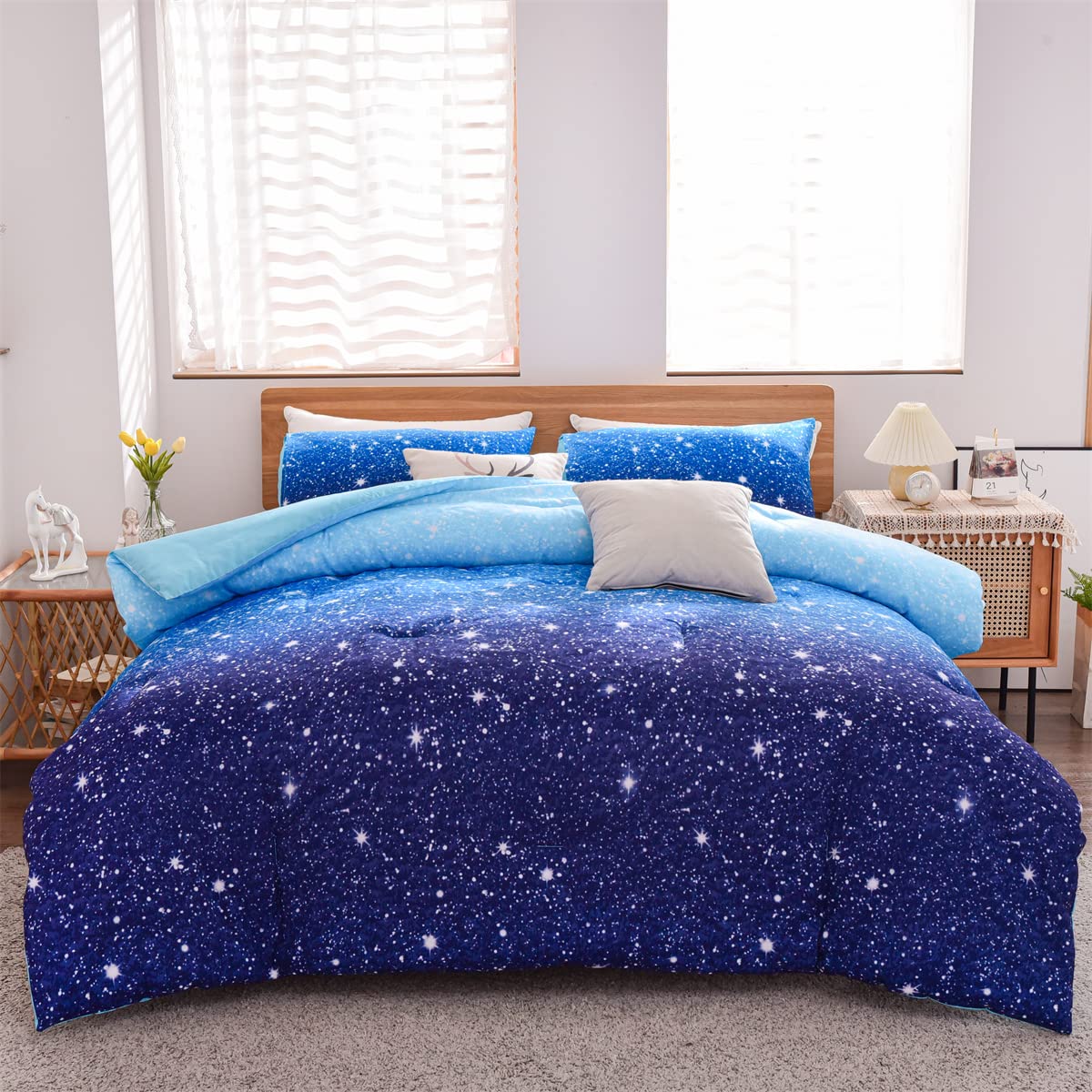 **Holawakaka Kids Space Galaxy Bedding Set - Twin/Twin XL Size, Blue Indigo Ombre Glitter Stars Comforter for Boys & Girls - Perfect for Themed Bedrooms & Sleepovers**