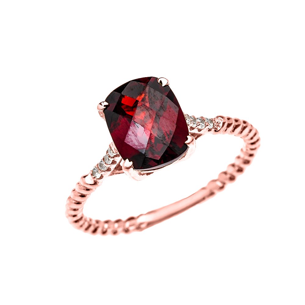 14K Rose Gold Dainty Diamond & Emerald Cut Solitaire Checkerboard Garnet Rope Design Engagement Ring, Promise Ring - Perfect for Proposals, Anniversaries & Special Occasions