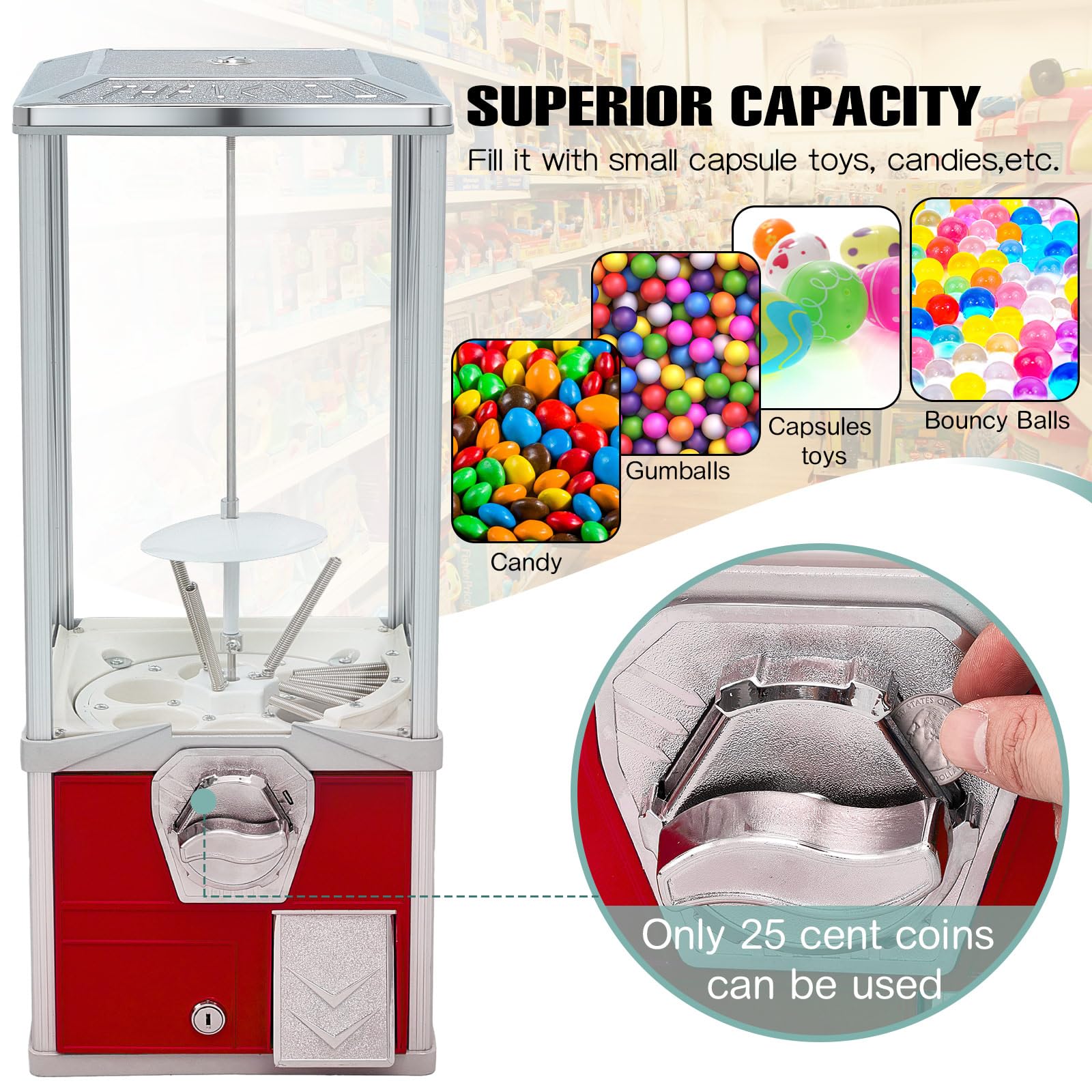Gisafai 25-Inch Commercial Gumball Vending Machine - Large Toy Capsule Dispenser for 2-Inch Round Balls, Prizes & Candy (Red) - Perfect for Arcades, Retail Stores & Party Entertainment
