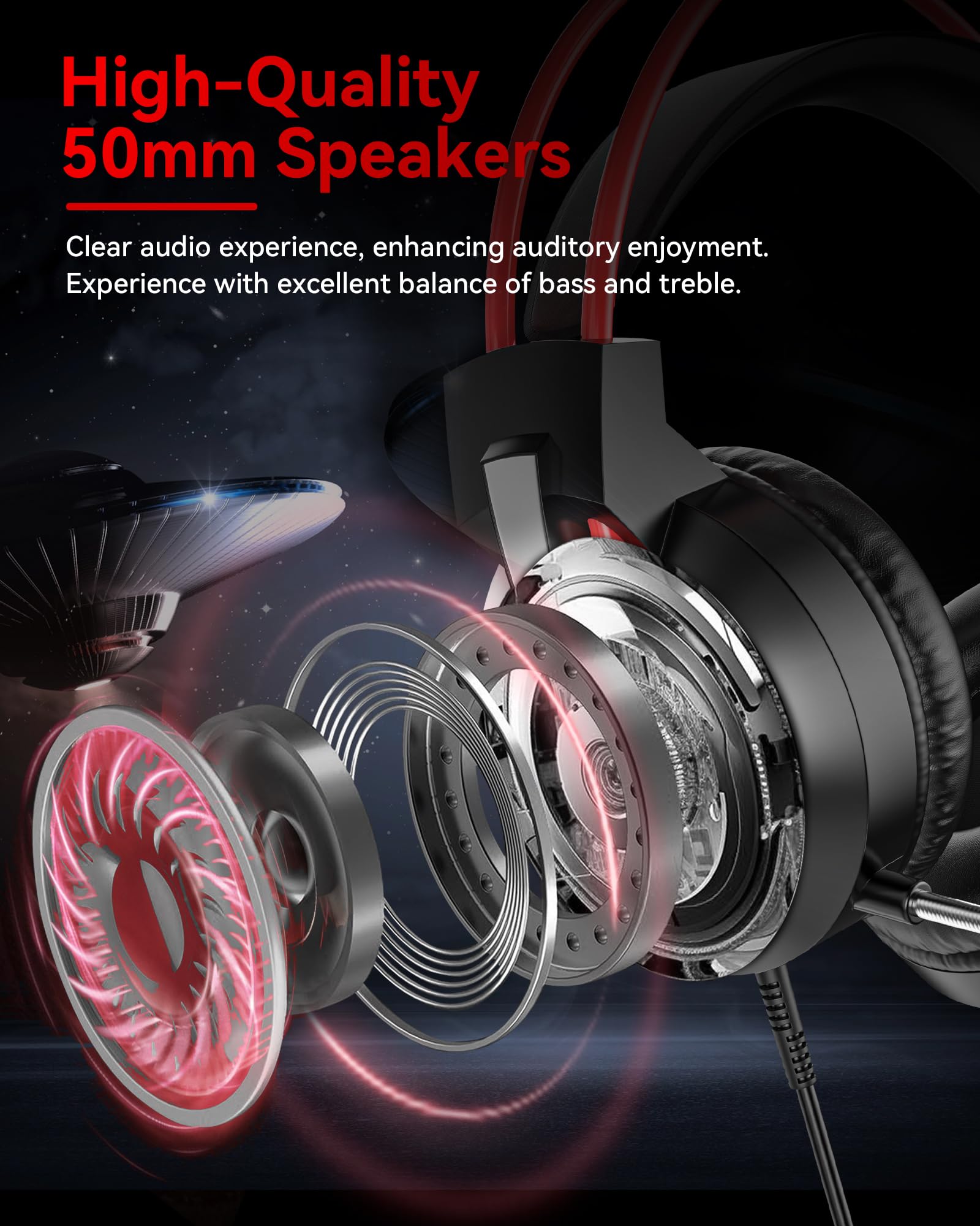 V9 Wired Gaming Headset with Microphone - 50mm Drivers, Over-Ear Noise Isolation, LED Lights for PS5, PS4, Nintendo Switch, Xbox Series X|S, PC & Mac - Perfect for Competitive Gaming & Streaming (Red)