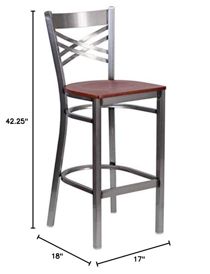 Flash Furniture HERCULES Series Clear Coated X-Back Metal Bar Stool with Cherry Wood Seat - Commercial Restaurant & Home Bar Counter Stool for Kitchen Island, Pub, and Dining Room