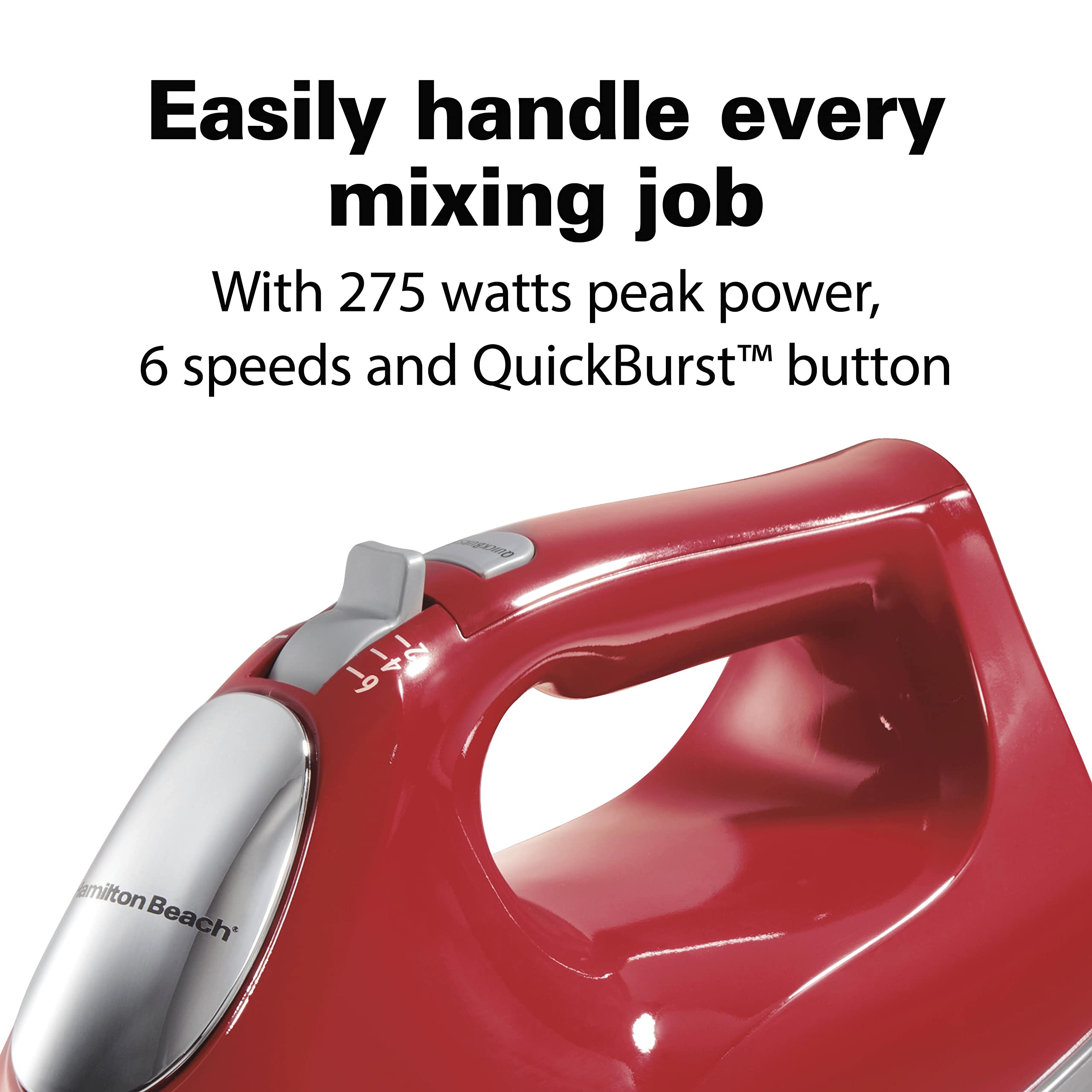Hamilton Beach 6-Speed Electric Hand Mixer with Whisk, Beaters & Dough Hooks - 275W Powerful Mixing - Snap-On Storage Case - Red - Perfect for Baking Cakes, Cookies & Whipping Cream