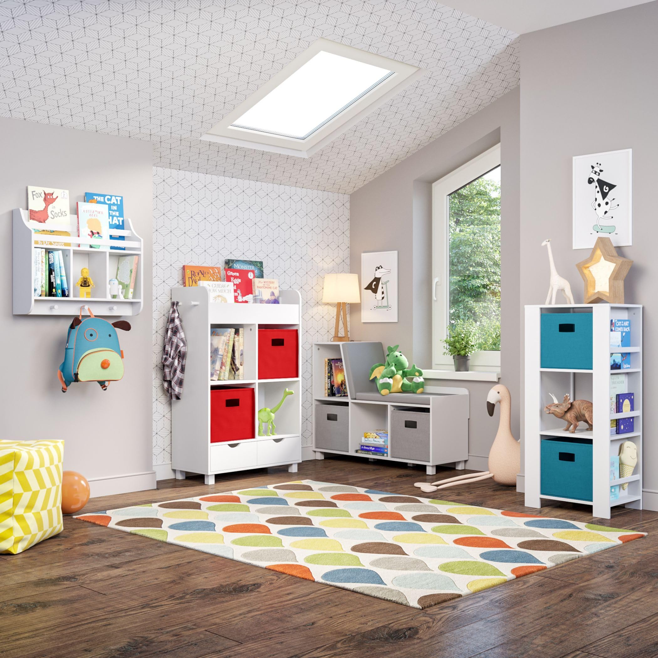 RiverRidge Kids Book Nook Storage Bench with Comfy Cushion and White Cubby Organizer - Perfect for Reading Corners, Toy Storage & Playroom Organization - Ideal for Bedrooms, Playrooms & Homeschooling Spaces