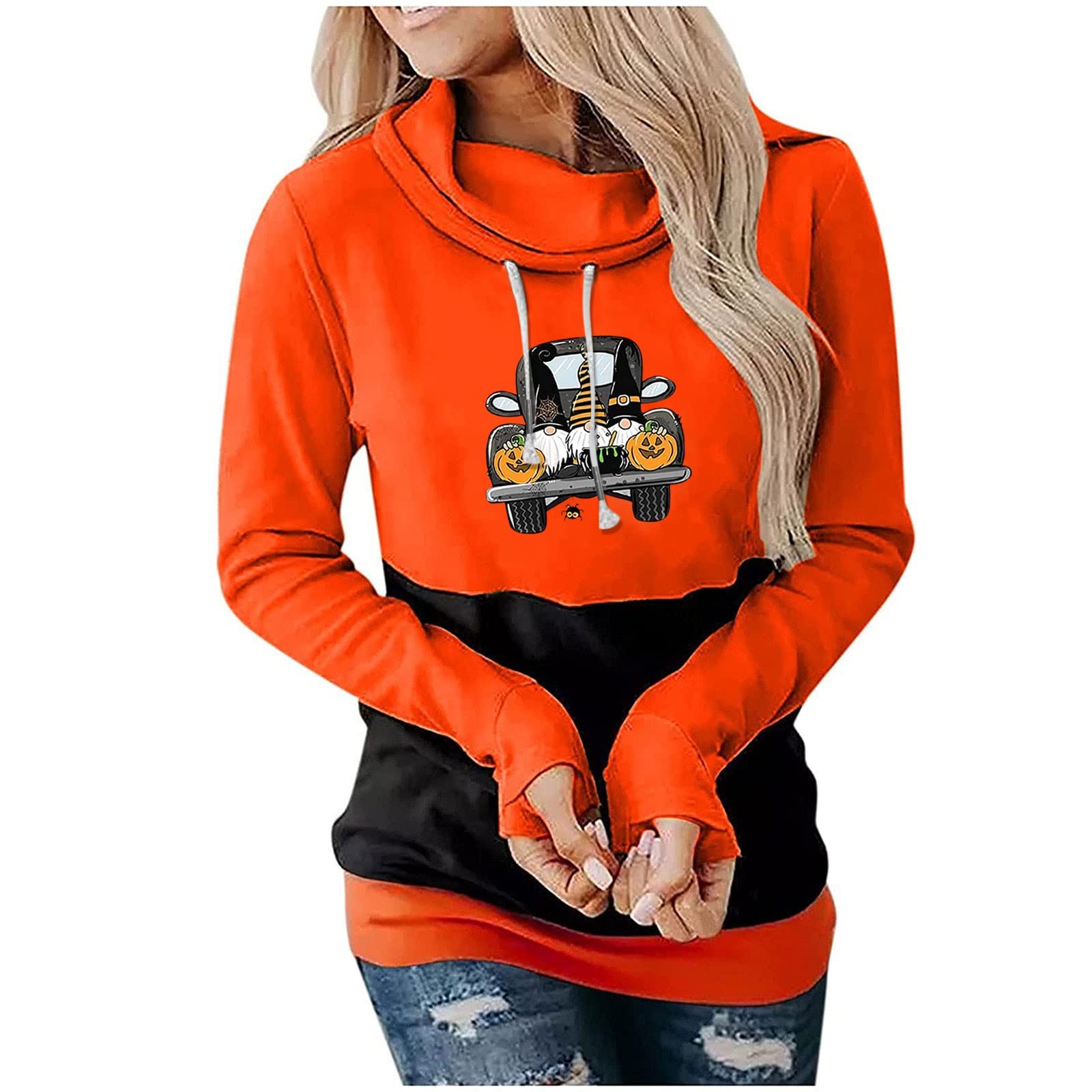 Women's Halloween Gnome Print Sweatshirt - Long Sleeve Round Neck Pullover Hoodie with Drawstring | Cozy Fall Fashion, Christmas Gift, Party Outfit