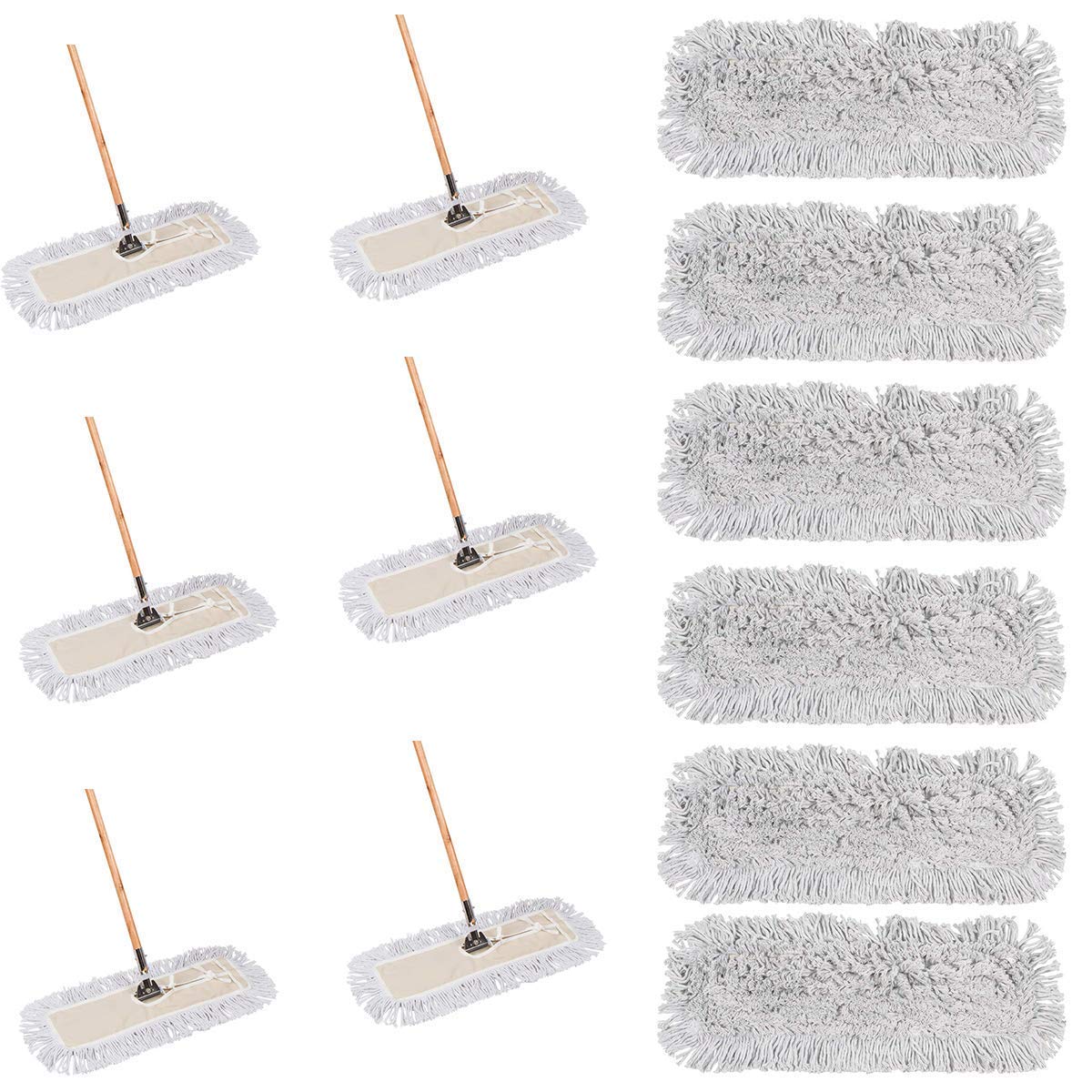 24 Inch Dust Mop with Wood Handle & 6 Refills Bundle - Heavy Duty Floor Cleaning for Hardwood, Tile & Laminate - Perfect for Homes, Offices & Commercial Spaces