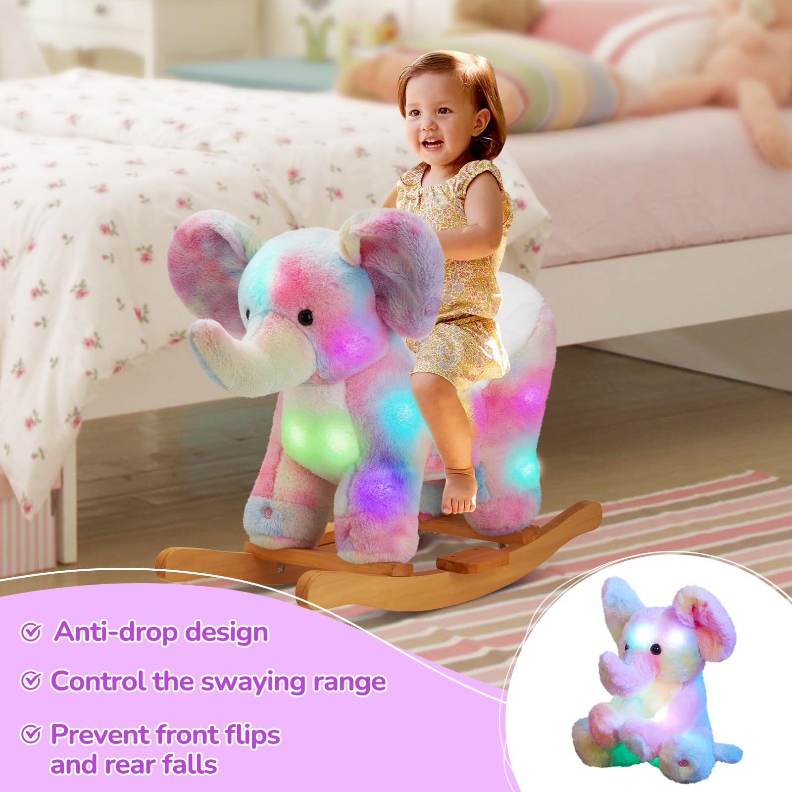Glow Guards Light Up Musical Elephant Baby Rocking Horse & Rainbow Plush Toy Set - Wooden Rocking Chair for Toddlers Girls & Boys Ages 1-3 - Perfect for Nursery Decor, Birthday Gifts & Early Childhood Development Playtime