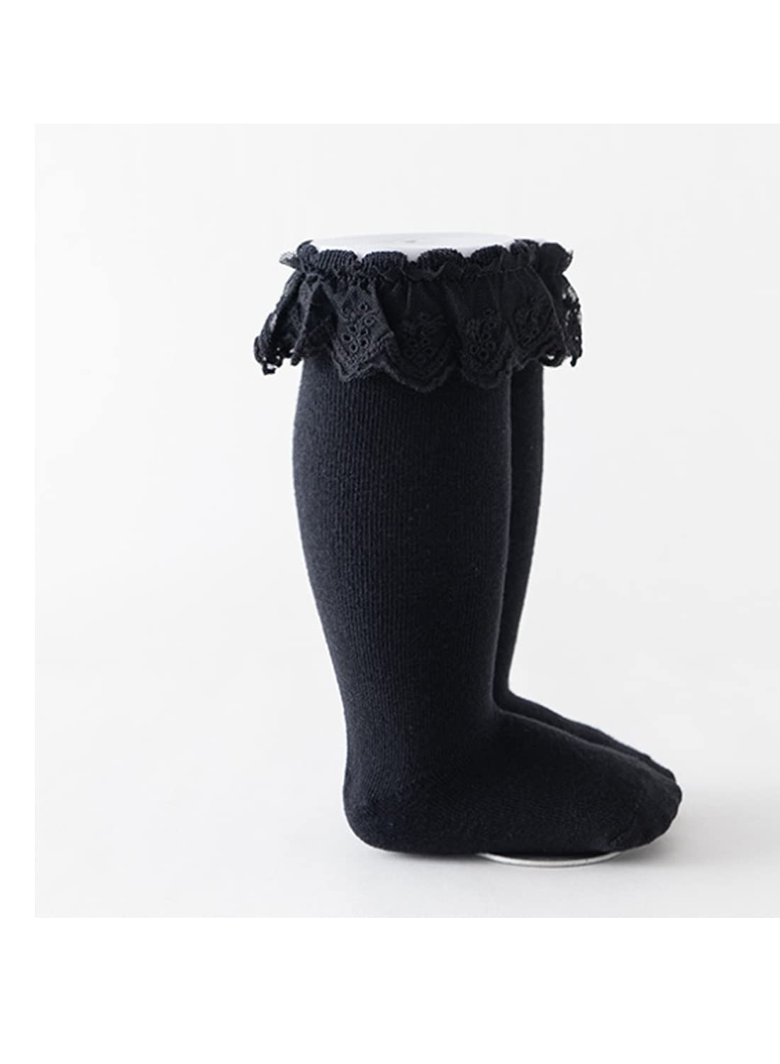 Deeorla Baby Toddler Girl Cotton Knee High Socks - Princess Lace Ruffled Stockings for Infants - Long Frilly Dress Socks for Parties & Special Occasions