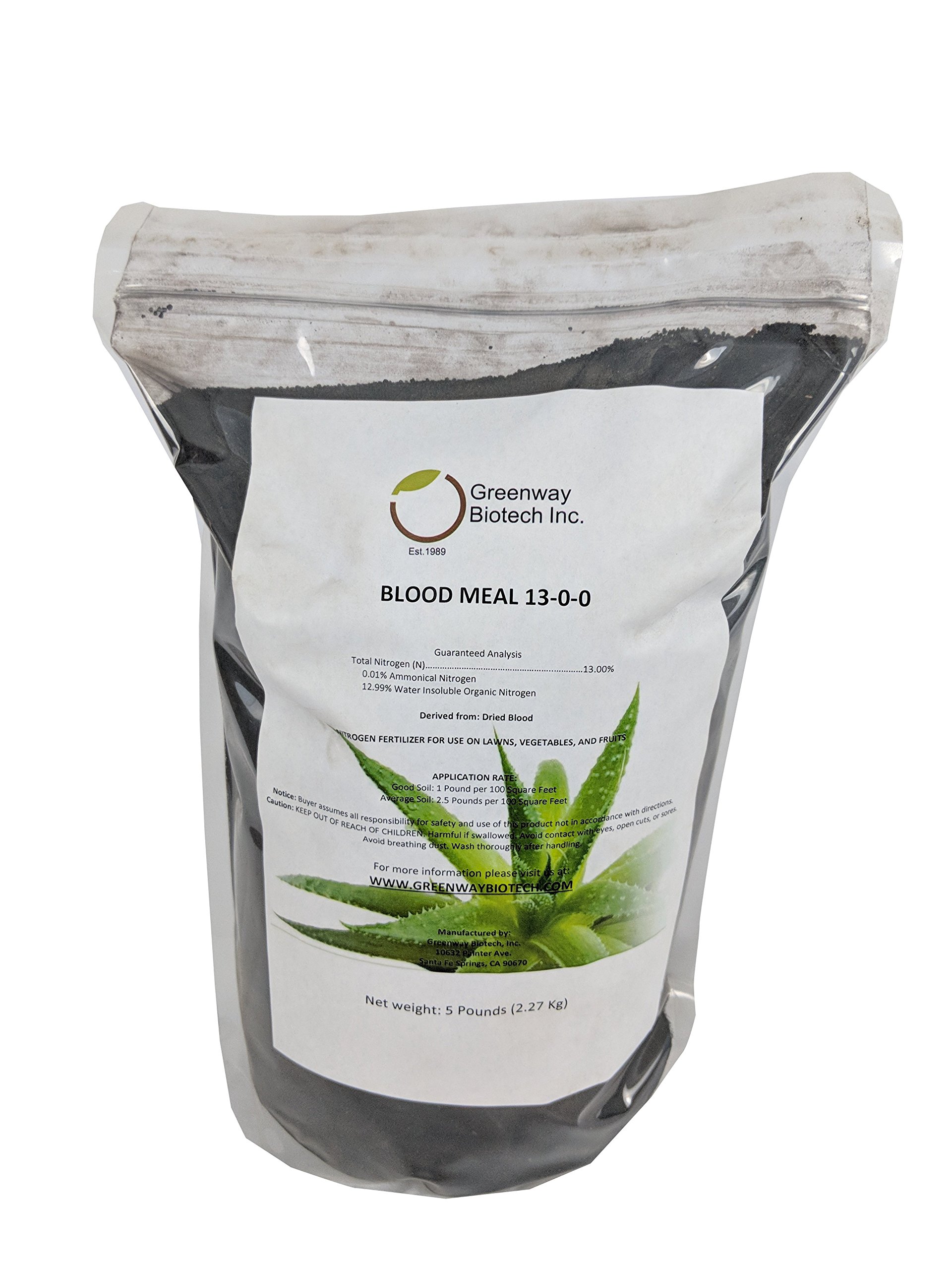 Greenway Biotech Blood Meal 13-0-0 Organic Nitrogen Fertilizer for Flowers, Fruits, Vegetables & Plants - 5lb Natural Plant Food for Home Gardening, Lawns & Indoor Plants - Perfect for Boosting Growth in Spring & Fall Planting Seasons