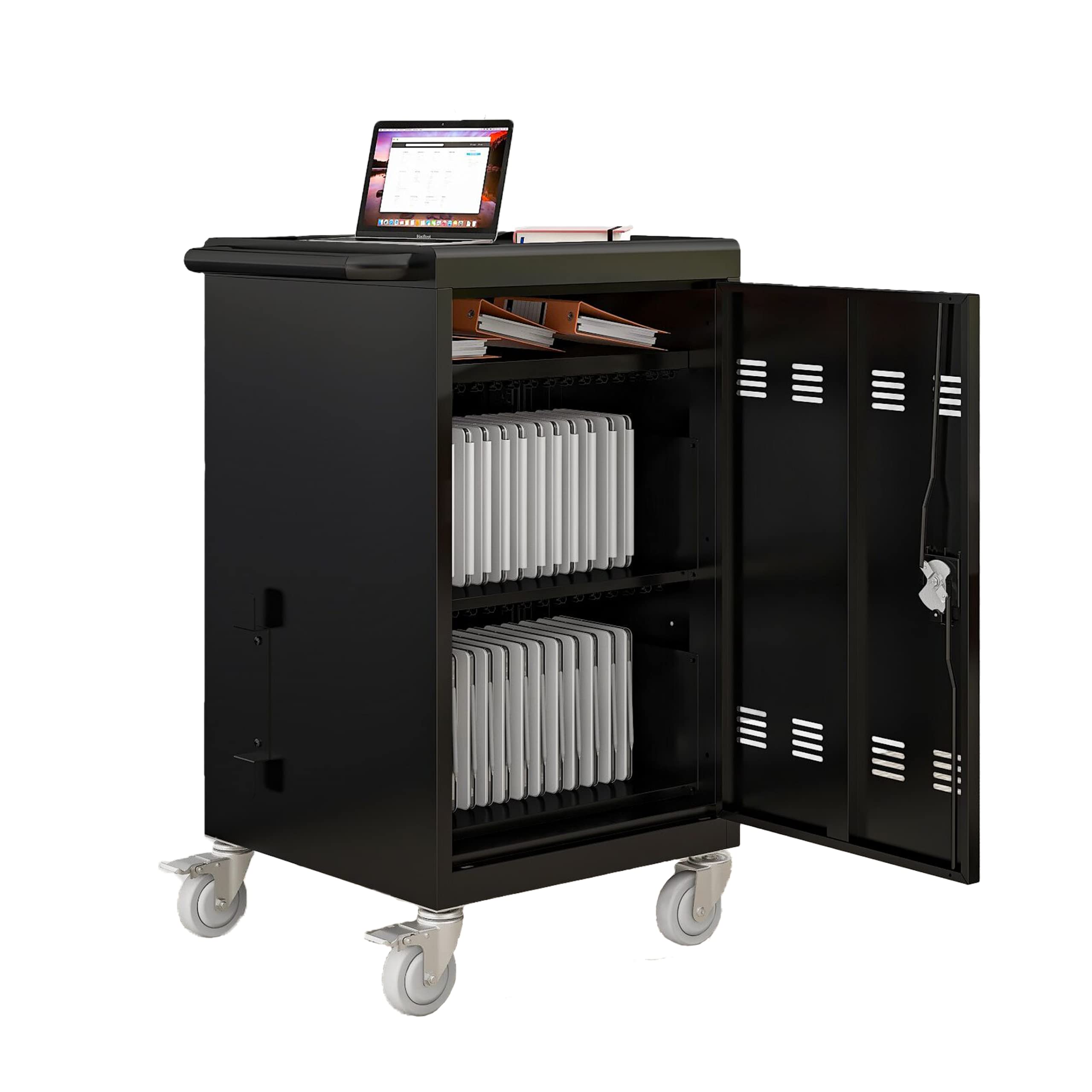 Mobile Charging Cart for Laptops & Tablets - 32 Device Storage Cabinet with Locking Wheels, Fits 16.3
